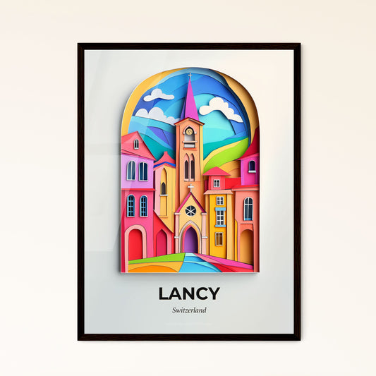 Vivid Lancy, Switzerland - a colorful city scene with a church and a rainbow colored sky