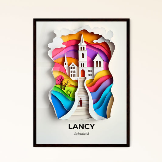 Vivid Lancy, Switzerland - a paper cut of a church and a person walking up a flight of stairs