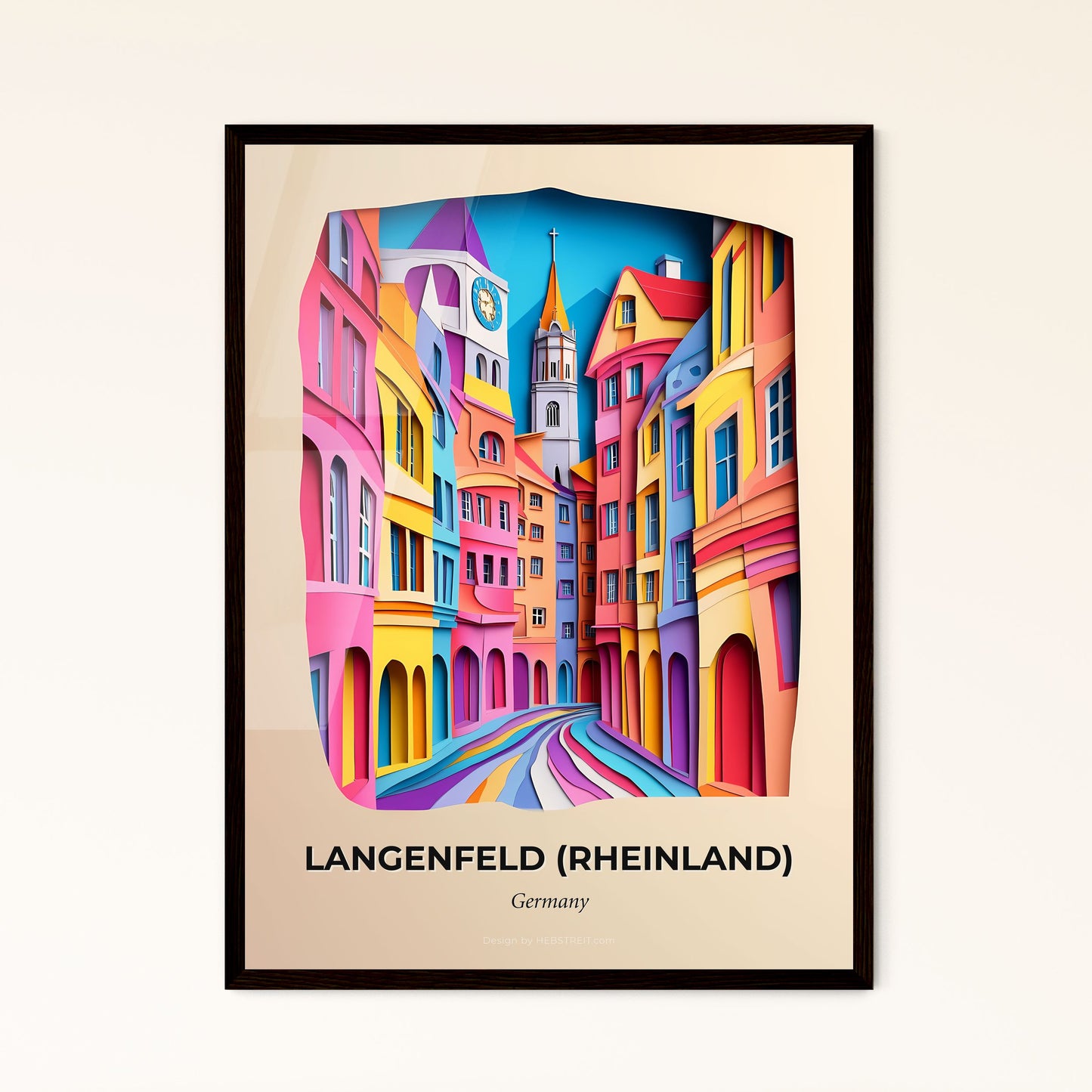 Vivid Langenfeld (Rheinland), Germany - a colorful city street with a clock tower