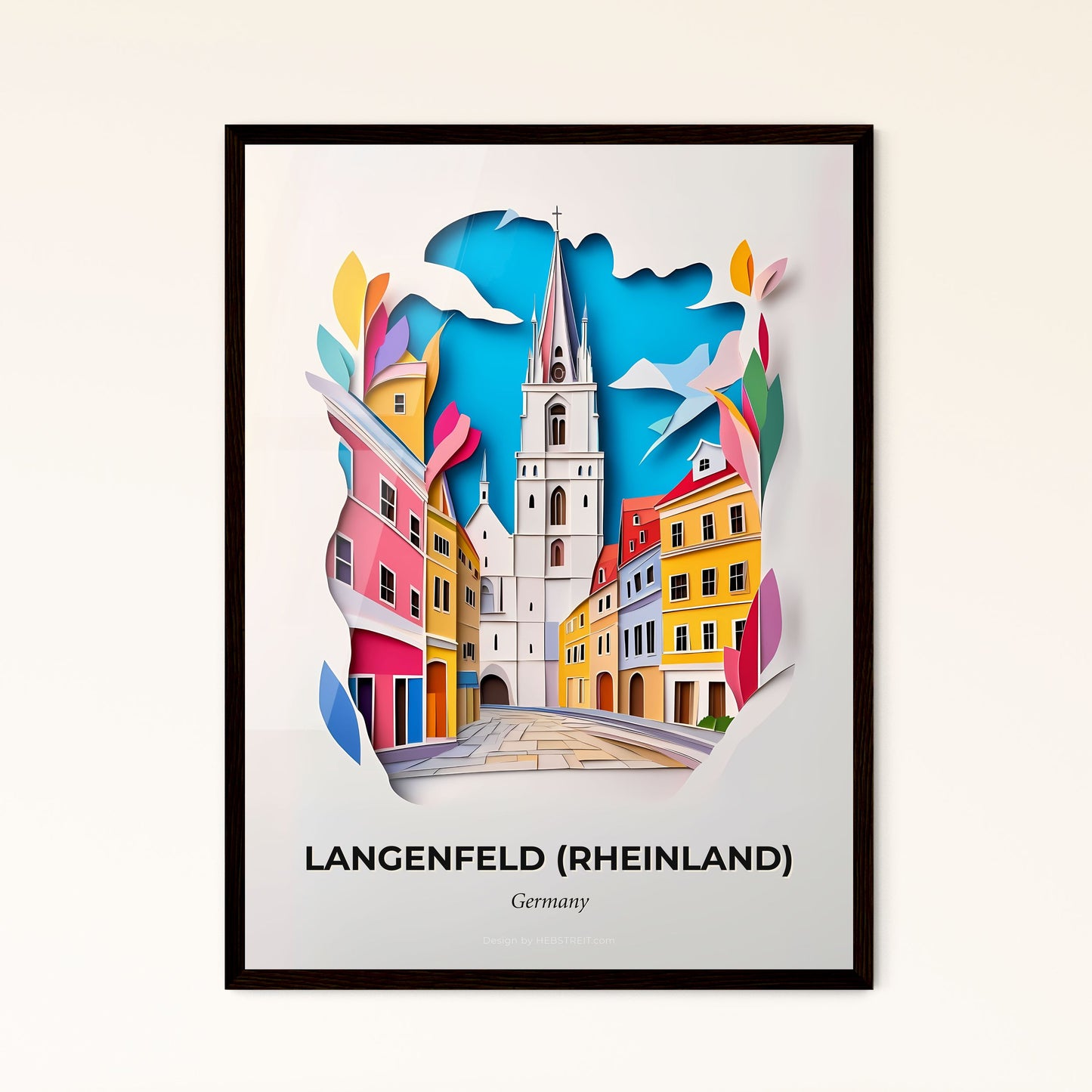 Vivid Langenfeld (Rheinland), Germany - a paper cut of a church tower in a city