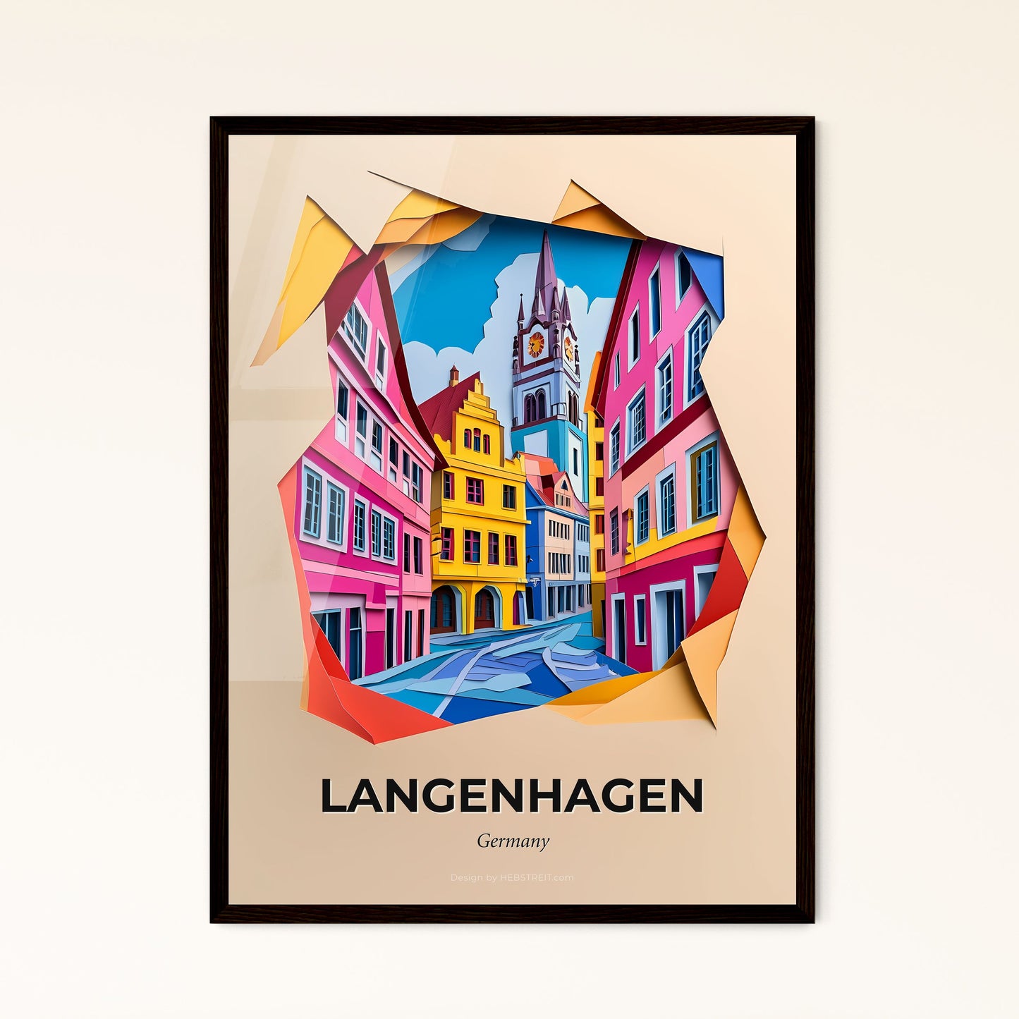 Vivid Langenhagen, Germany - a paper cut of a city street with a clock tower