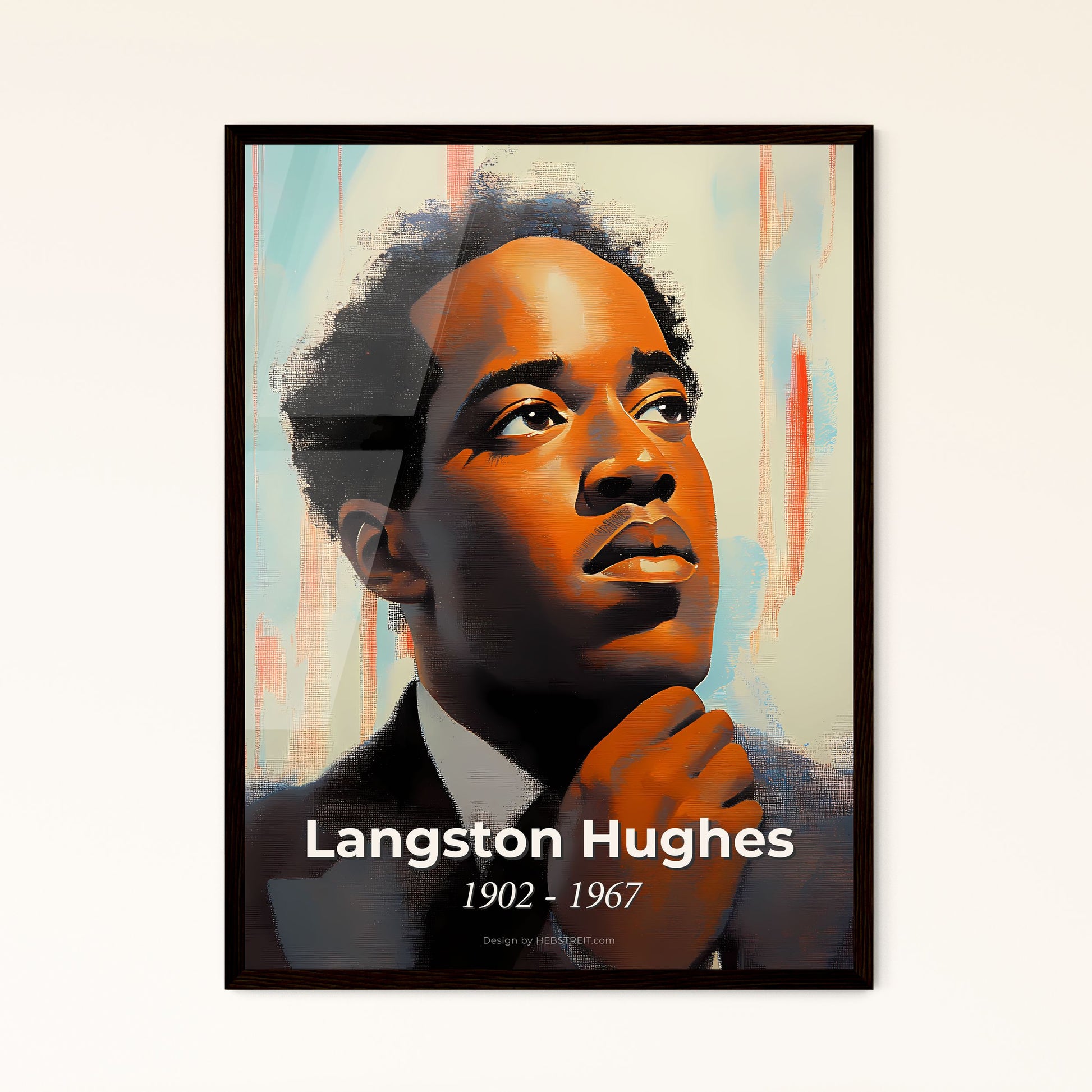 Portrait of Langston Hughes, 1902 - 1967. Impressionistic painting of a man with his hand on his chin.