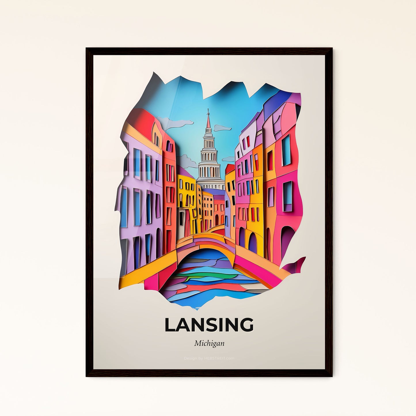 Vivid Lansing, Michigan - a paper cut of a city with a bridge