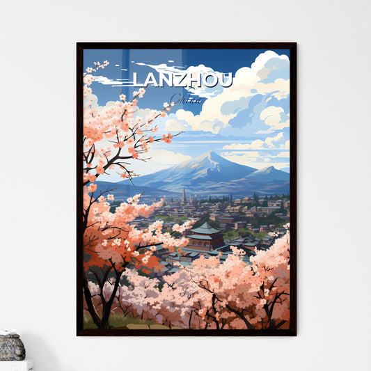 Cityscape Painting of Lanzhou China Skyline with Pink Blossoms and Mountainous Landscape Default Title