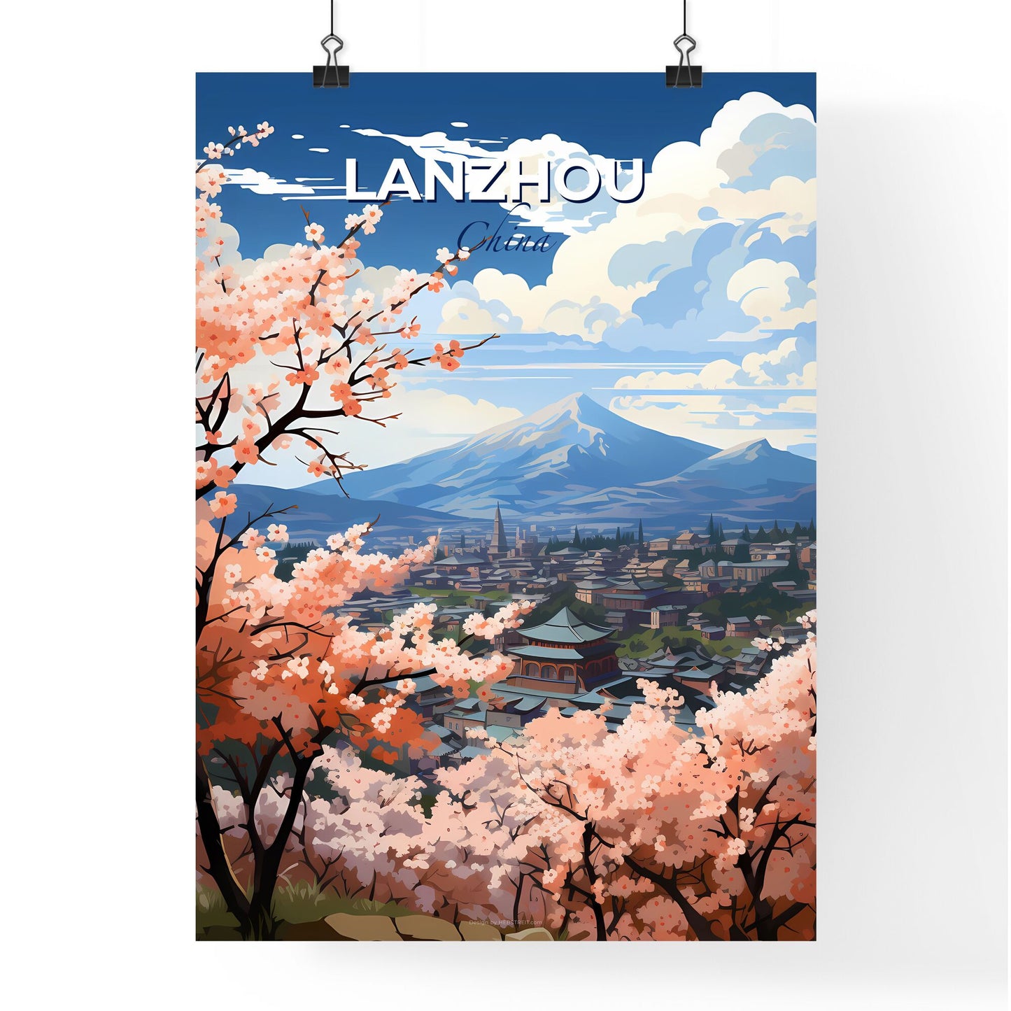 Cityscape Painting of Lanzhou China Skyline with Pink Blossoms and Mountainous Landscape Default Title