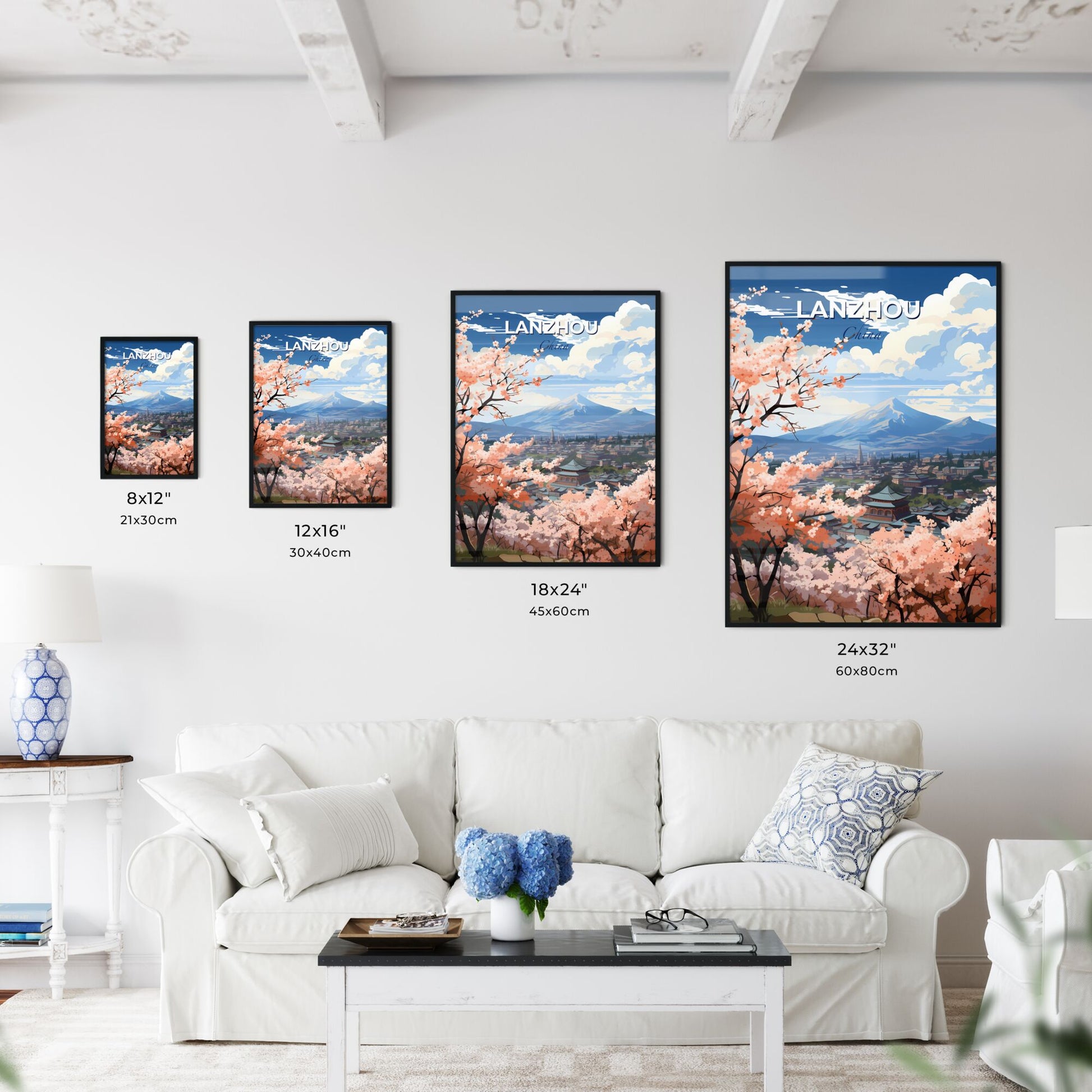 Cityscape Painting of Lanzhou China Skyline with Pink Blossoms and Mountainous Landscape Default Title