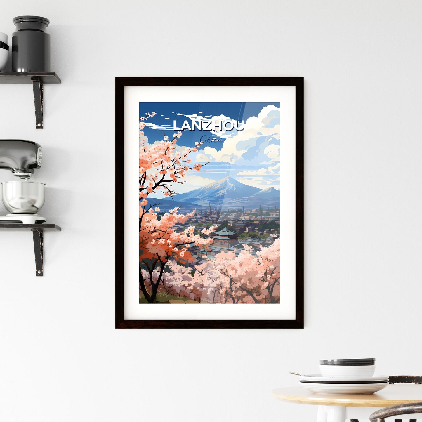 Cityscape Painting of Lanzhou China Skyline with Pink Blossoms and Mountainous Landscape Default Title