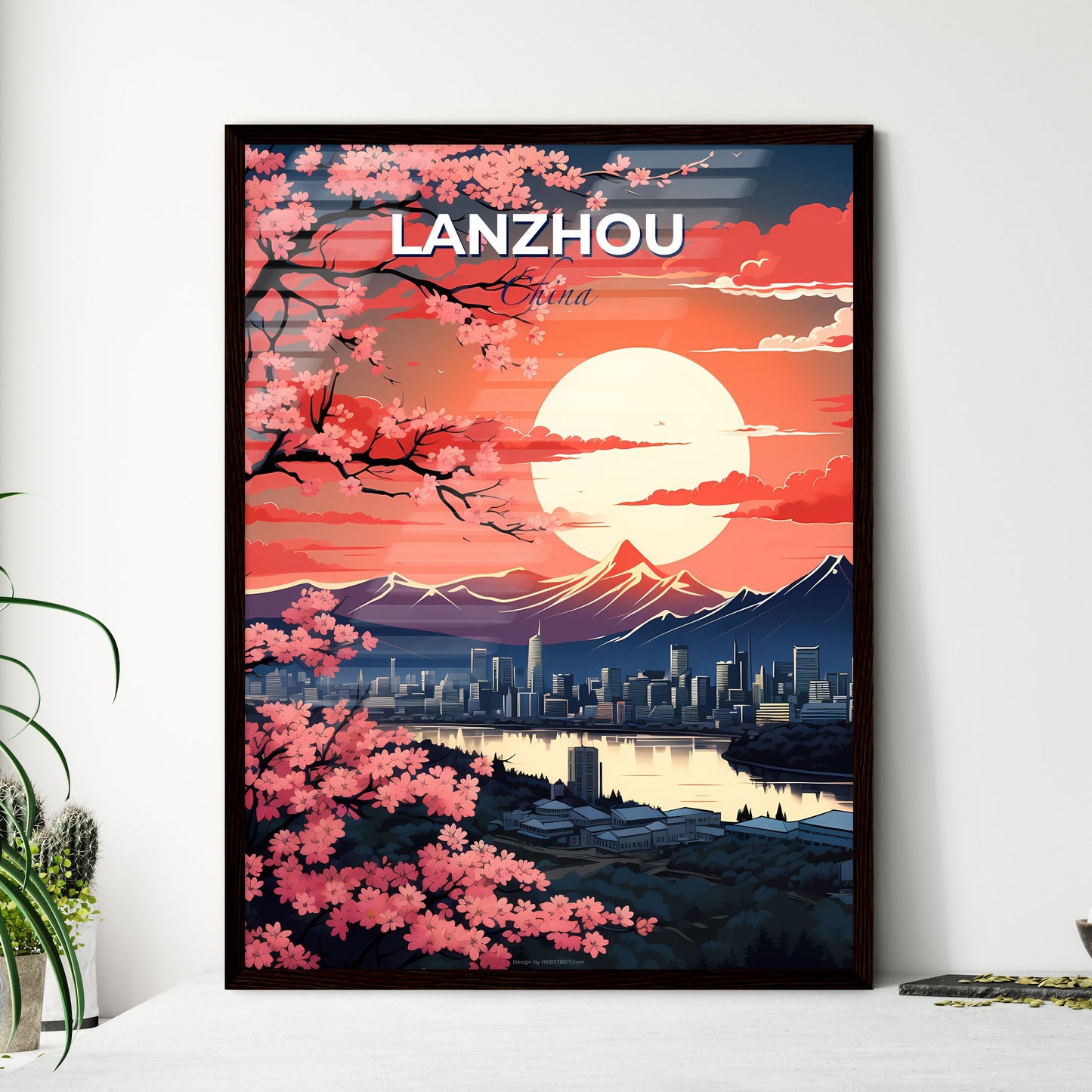 Vibrant Painting of Lanzhou City Skyline with River and Mountains Default Title