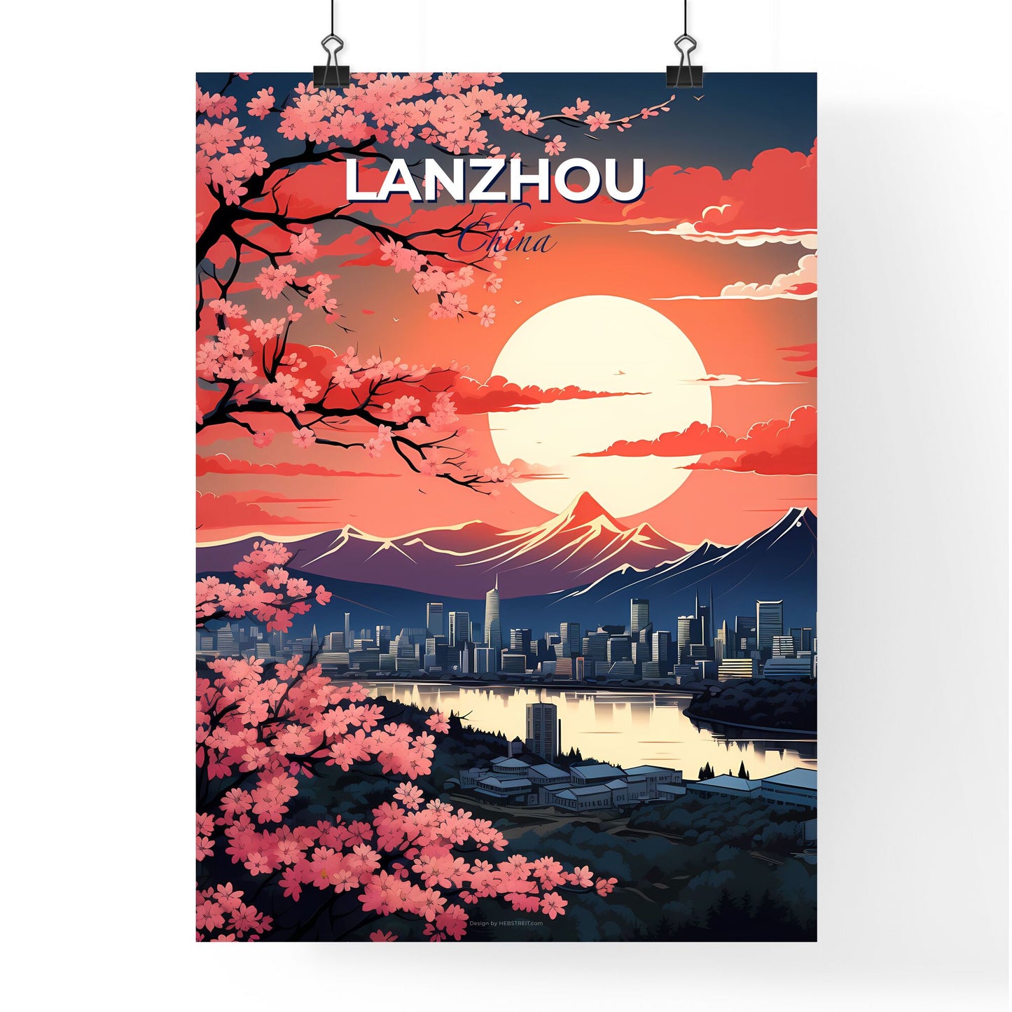 Vibrant Painting of Lanzhou City Skyline with River and Mountains Default Title