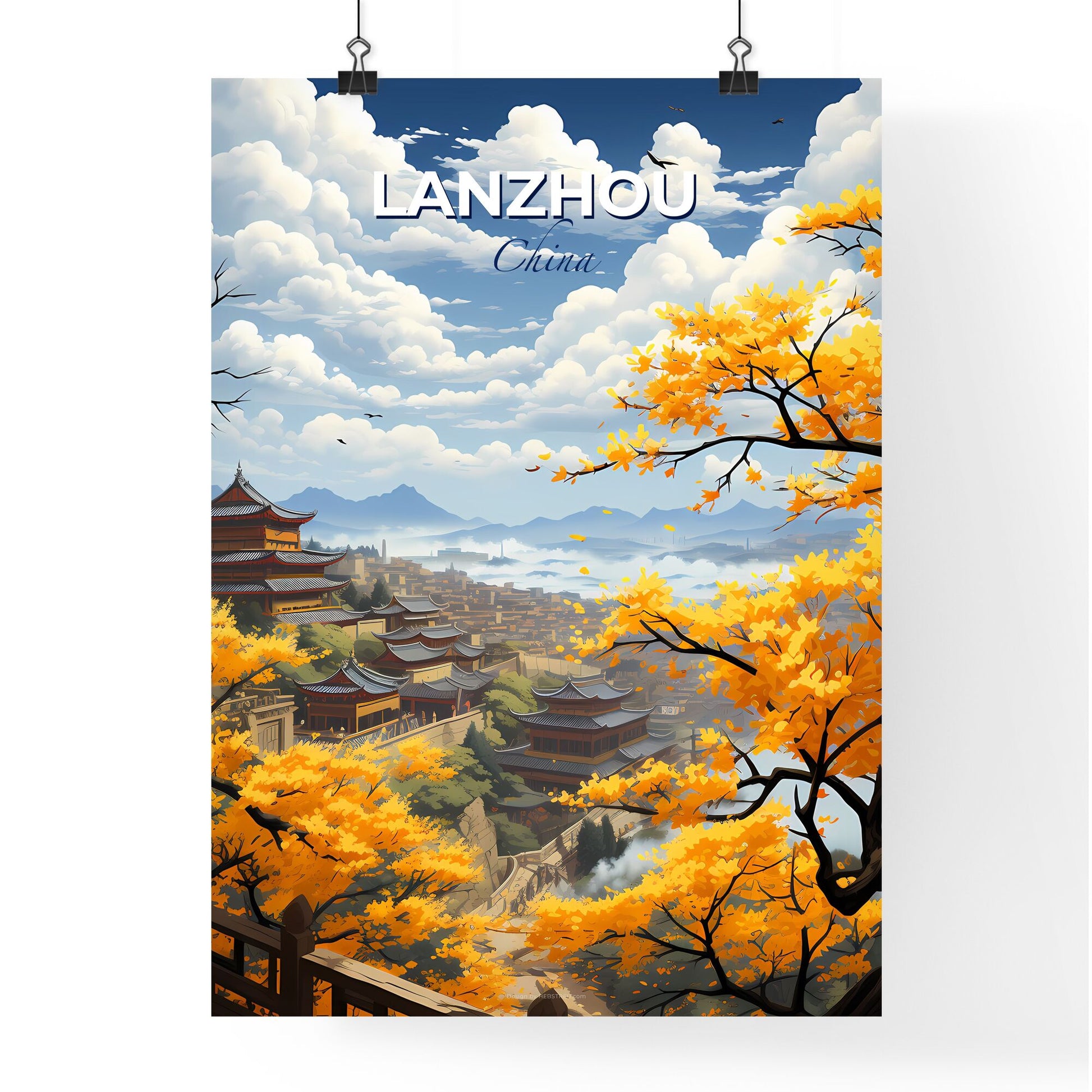 Lanzhou China Skyline Yellow Trees Cityscape Painting Artwork Artistic Buildings Mountains Default Title