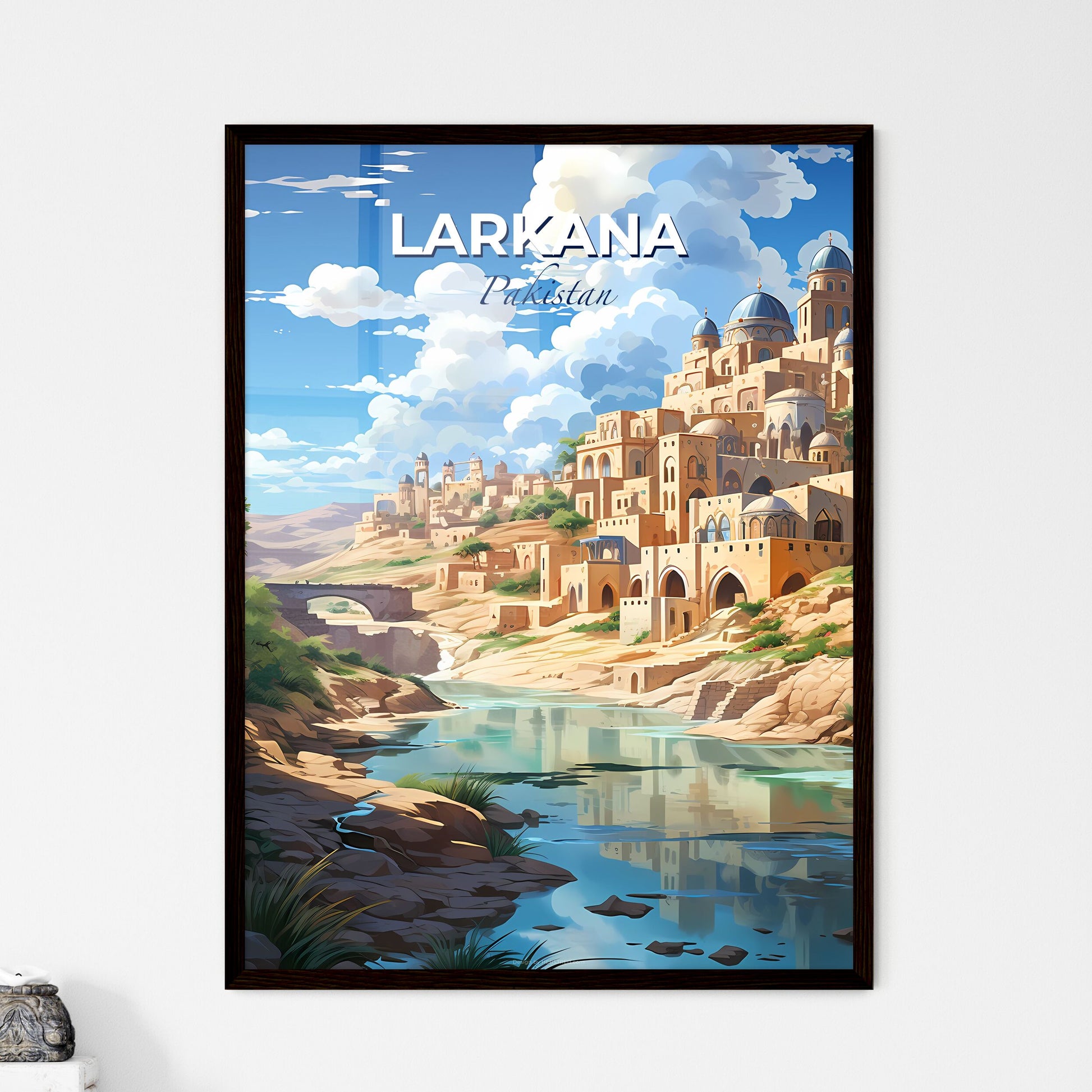 Vibrant Skyline of Larkana Pakistan - Artistic River Scene in Desert Town Default Title