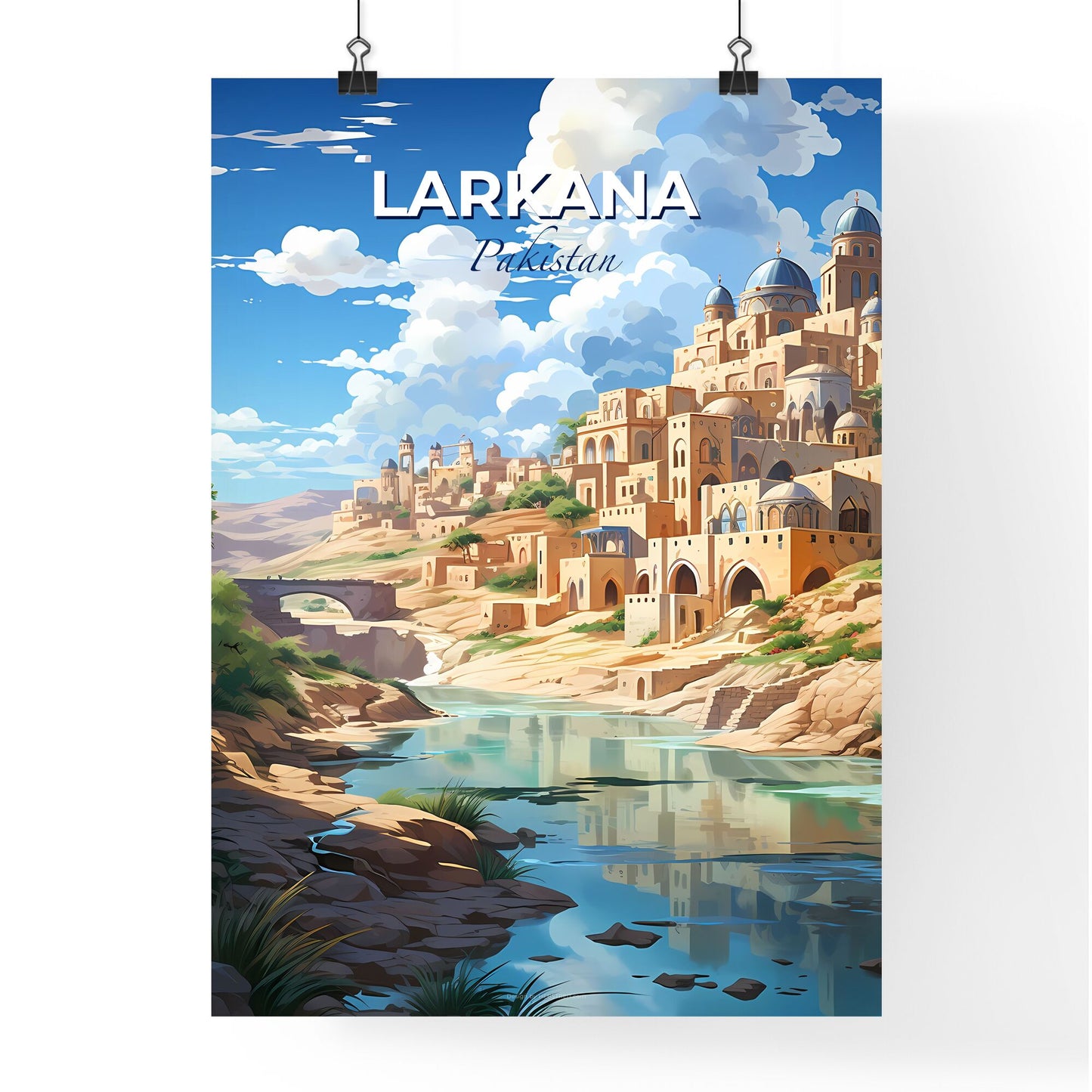 Vibrant Skyline of Larkana Pakistan - Artistic River Scene in Desert Town Default Title