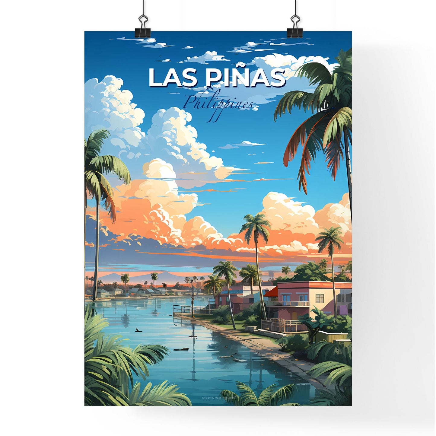 Vibrant Painting: Las Piñas Skyline with Waterway, Palm Trees, and Houses Default Title