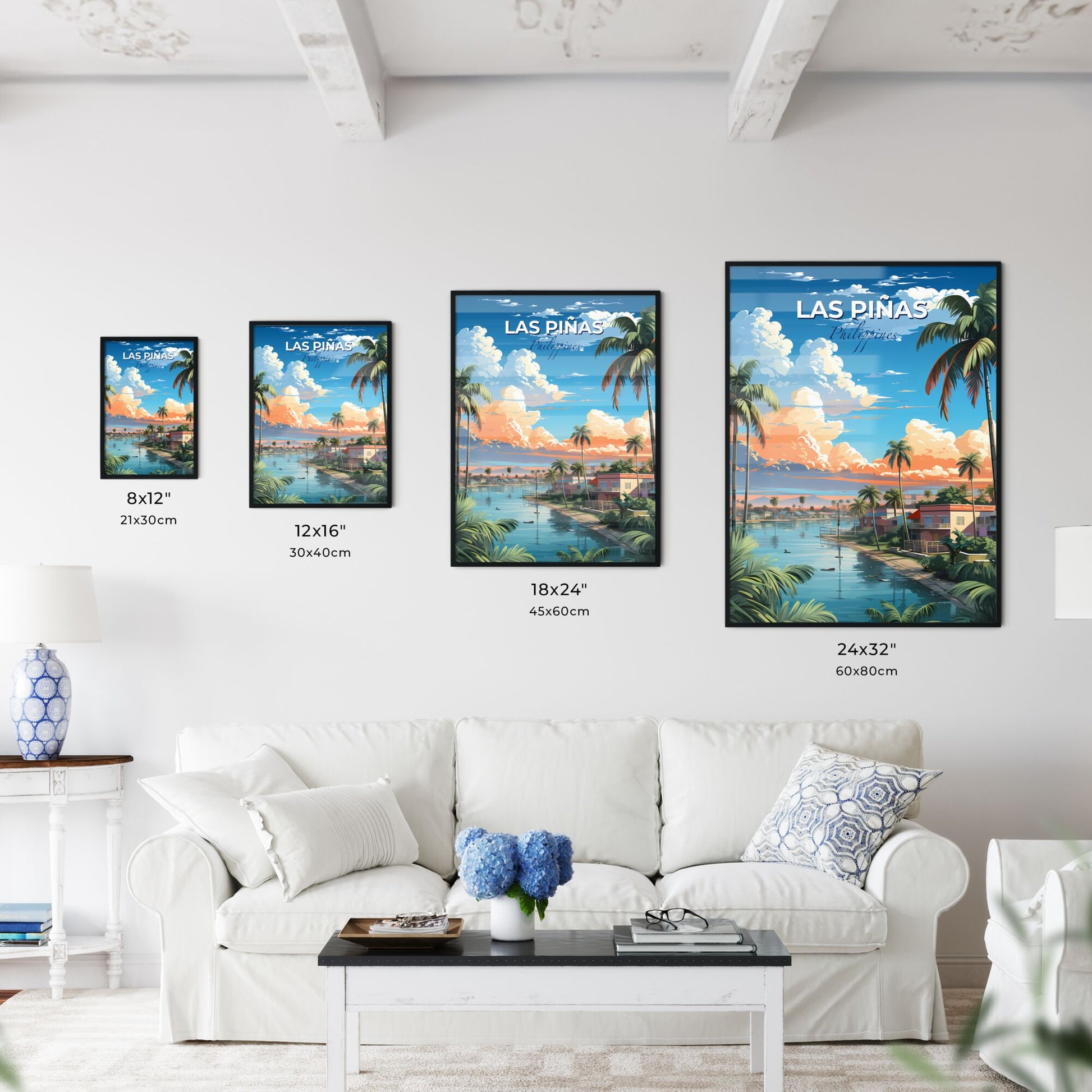 Vibrant Painting: Las Piñas Skyline with Waterway, Palm Trees, and Houses Default Title