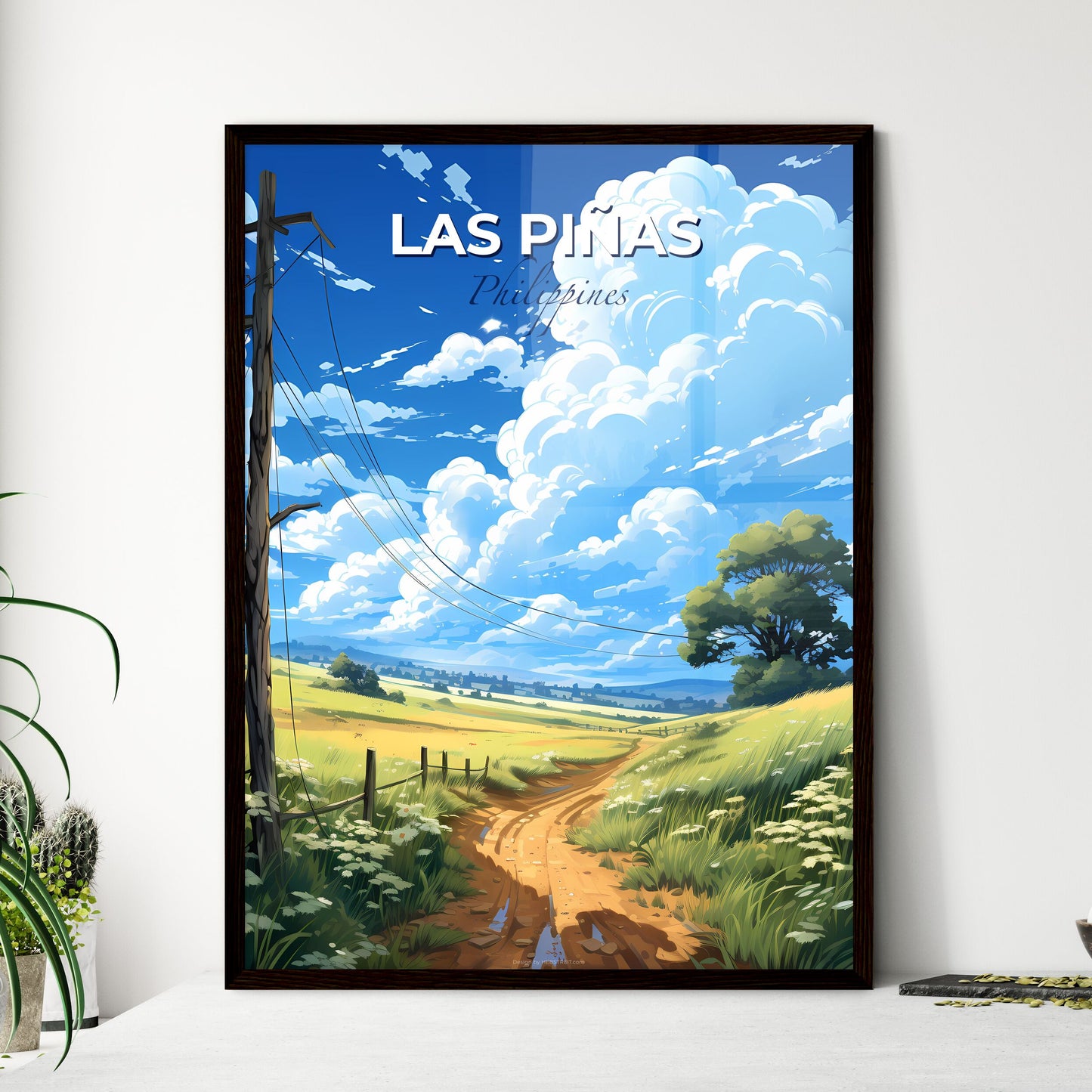 Mesmerizing Artistic Skyline Painting of Las Pinas, Philippines: Serene Dirt Road Through Verdant Fields Under Azure Skies Default Title