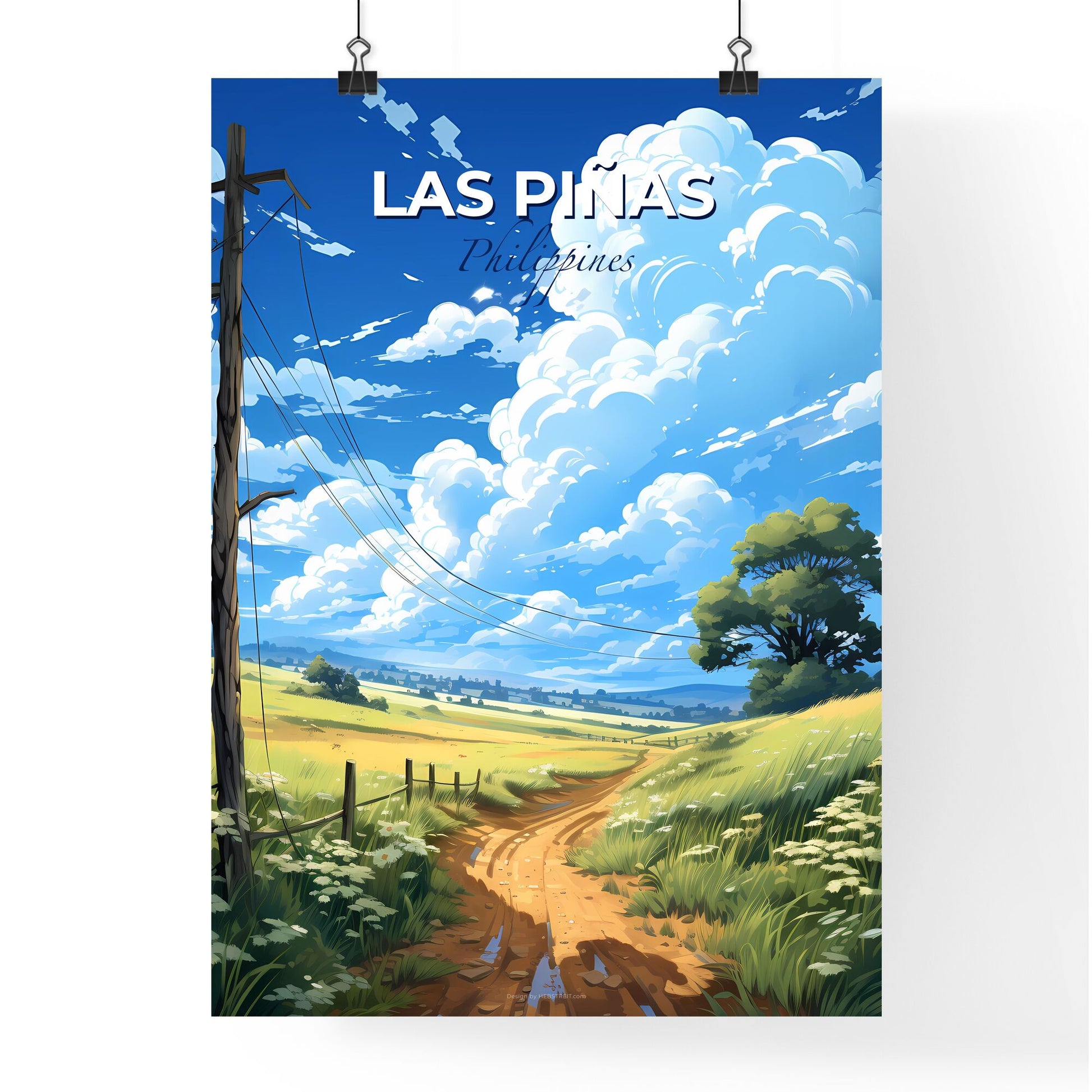 Mesmerizing Artistic Skyline Painting of Las Pinas, Philippines: Serene Dirt Road Through Verdant Fields Under Azure Skies Default Title