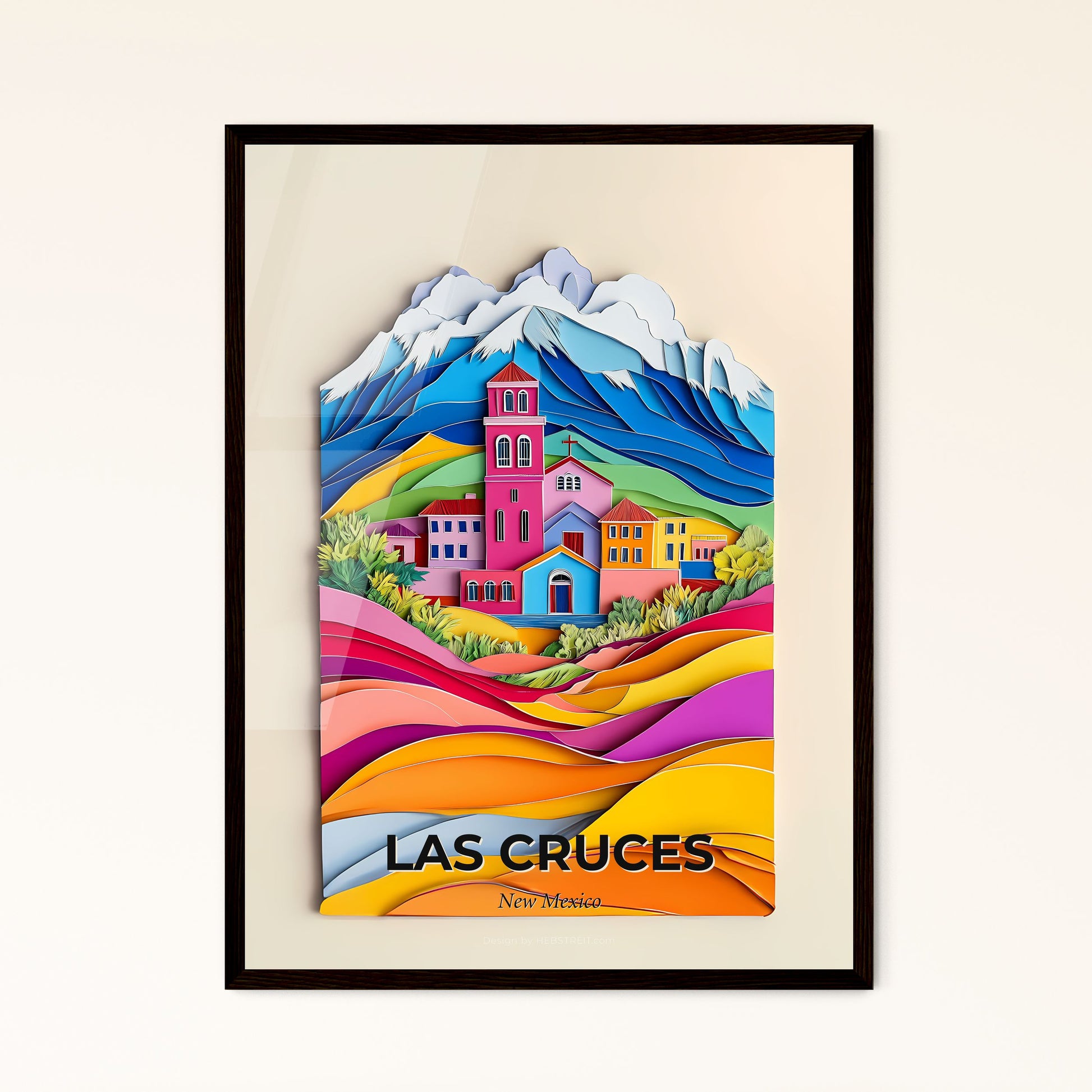 Vivid Las Cruces, New Mexico - a colorful paper cut of a town in the mountains