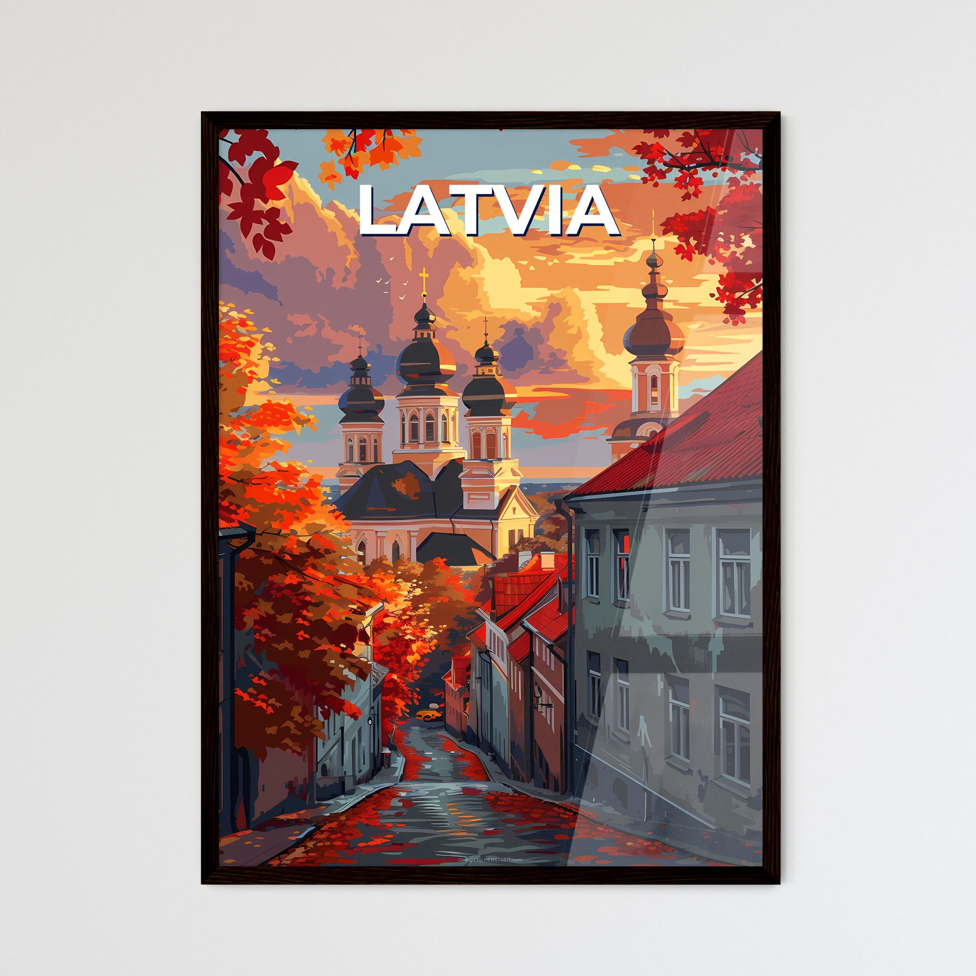 Vibrant Painting of a European Street Scene: Latvia, Europe, Buildings, Trees, Art, City