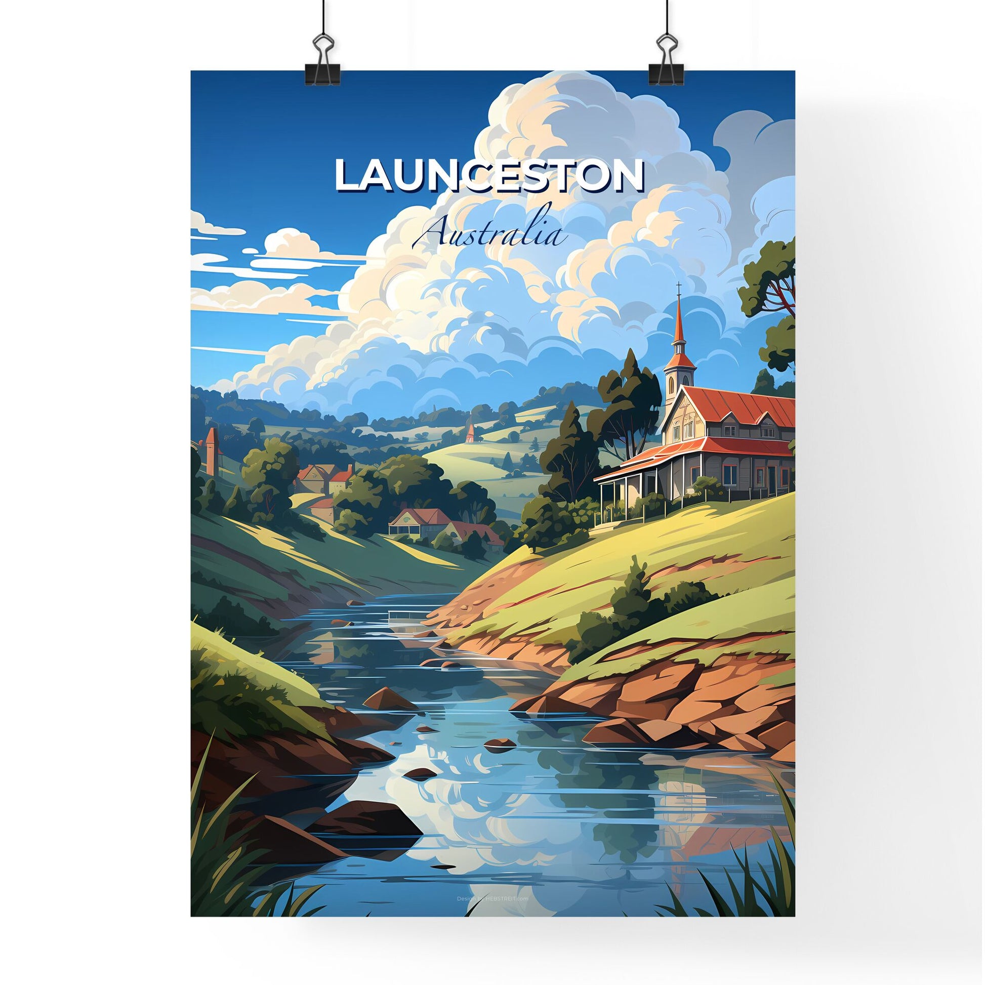 Launceston Australia Skyline Painting: Vibrant Houses, Trees, River Valley Landscape Art Default Title