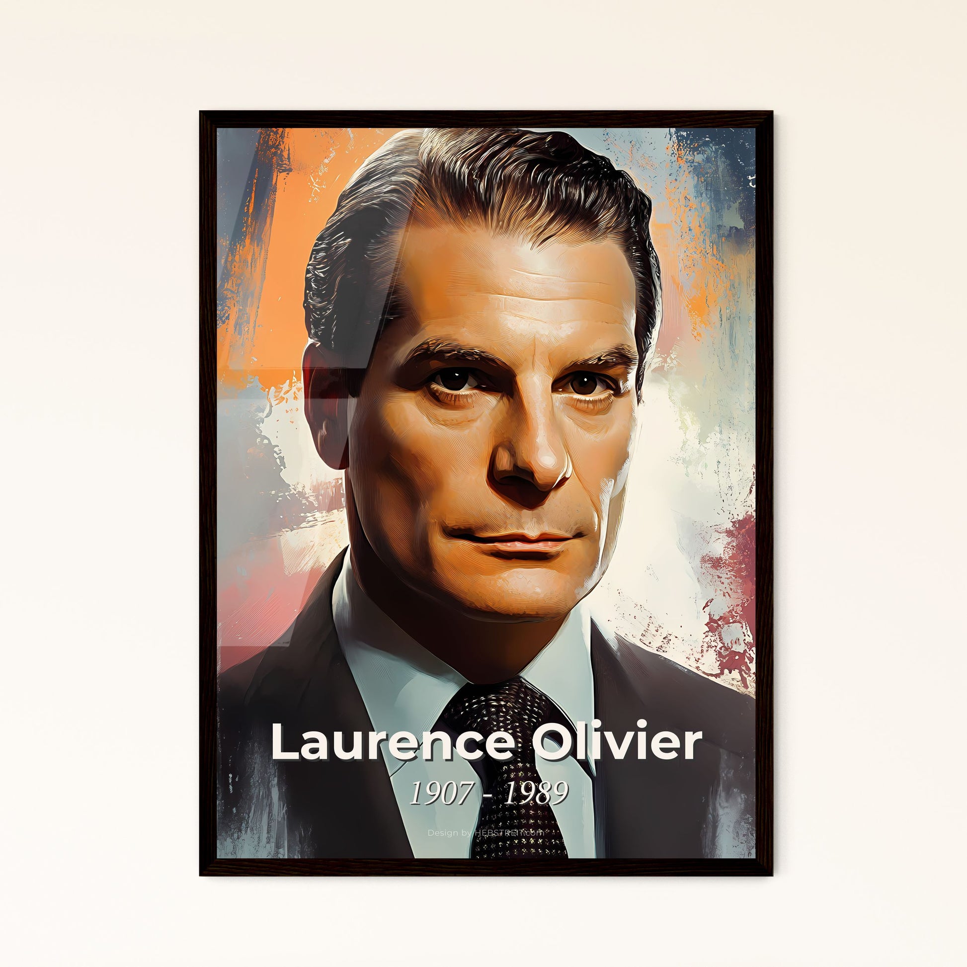 Portrait of Laurence Olivier, 1907 - 1989. Impressionistic painting of a man in a suit and tie.