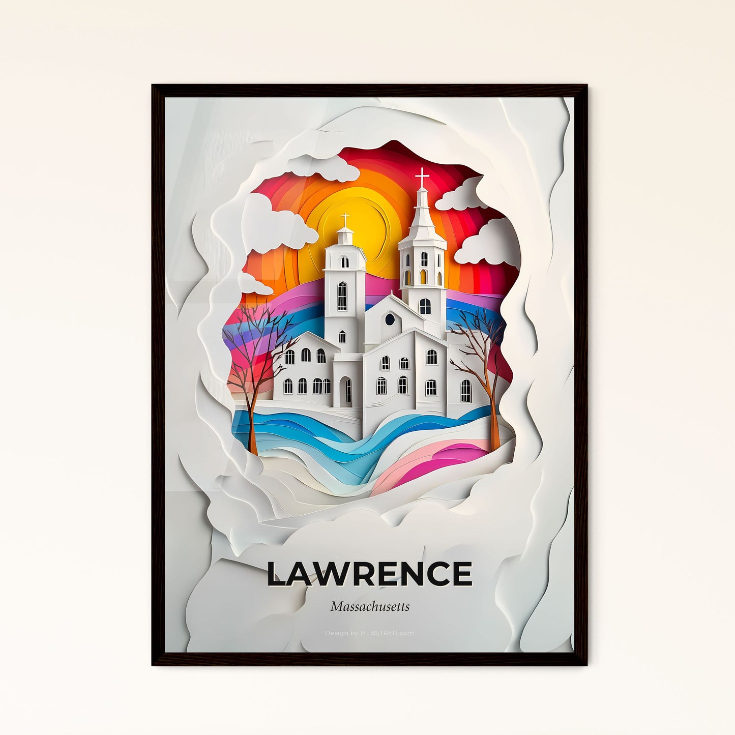 Vivid Lawrence, Massachusetts - a paper cut of a church with a sunset in the background