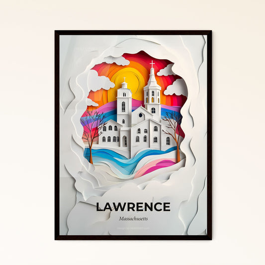 Vivid Lawrence, Massachusetts - a paper cut of a church with a sunset in the background