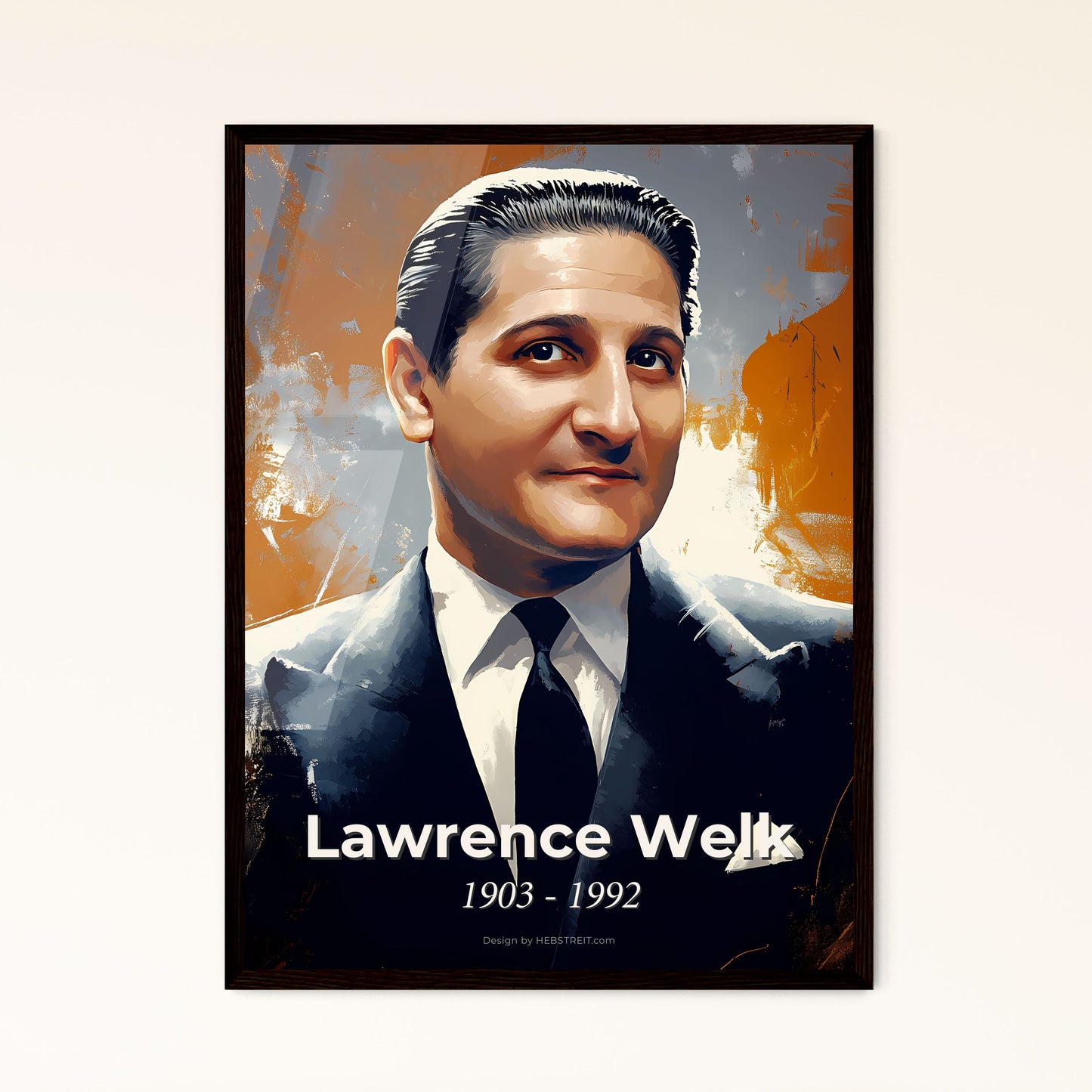 Portrait of Lawrence Welk, 1903 - 1992. Impressionistic painting of a man in a suit.