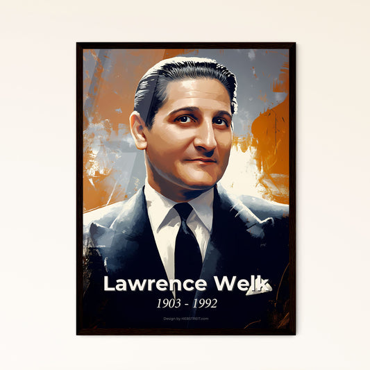 Portrait of Lawrence Welk, 1903 - 1992. Impressionistic painting of a man in a suit.