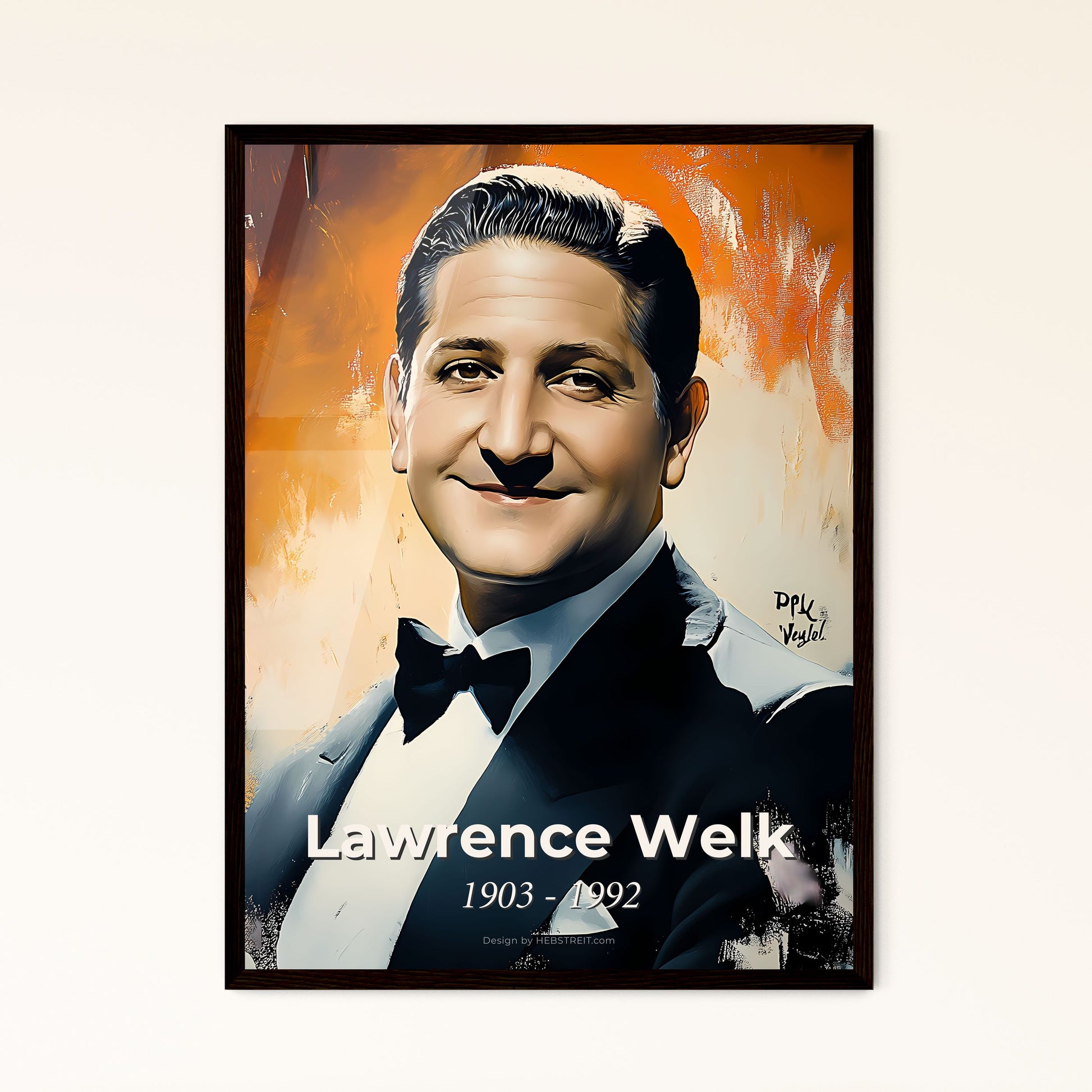 Portrait of Lawrence Welk, 1903 - 1992. Impressionistic painting of a man in a suit.