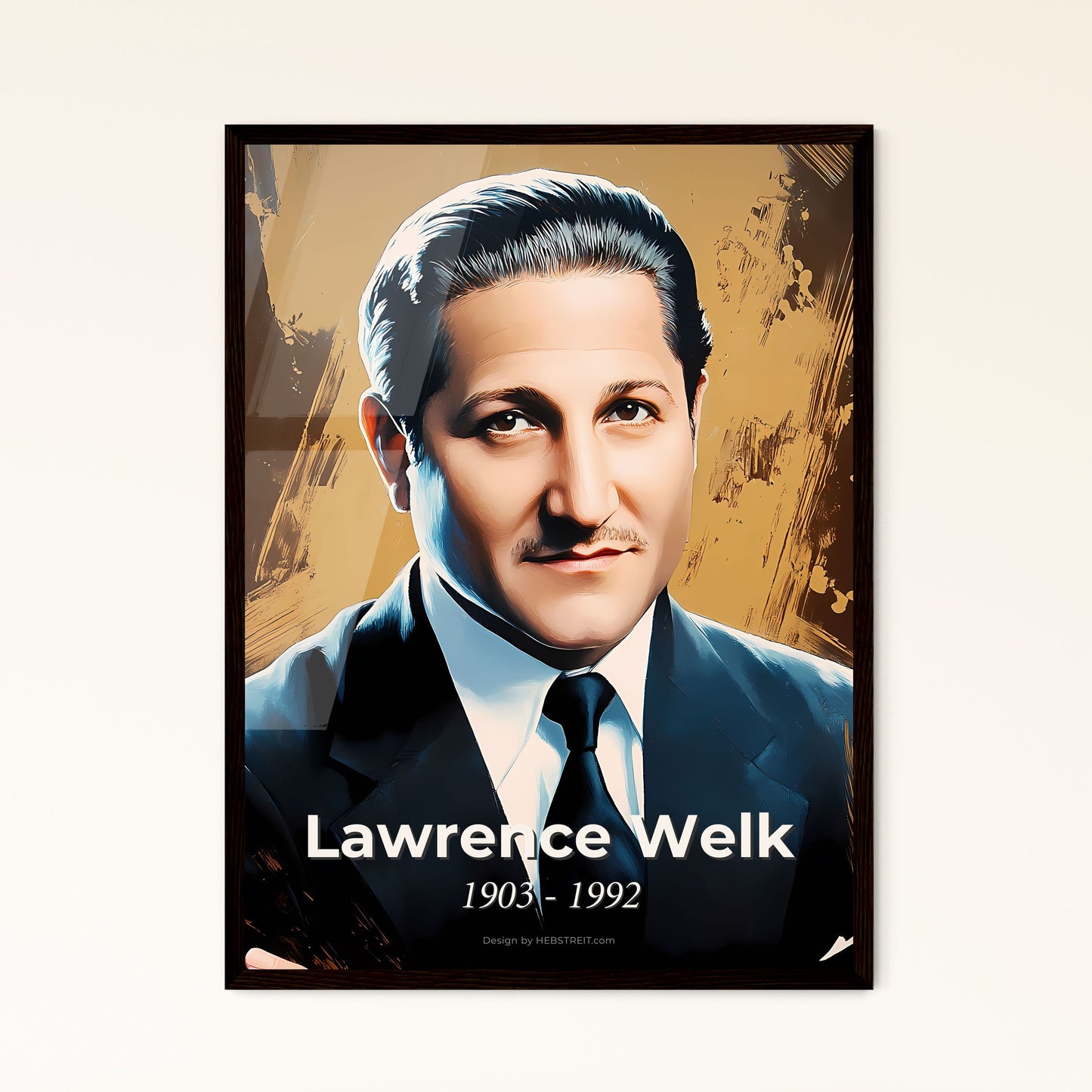 Portrait of Lawrence Welk, 1903 - 1992. Impressionistic painting of a man in a suit and tie.