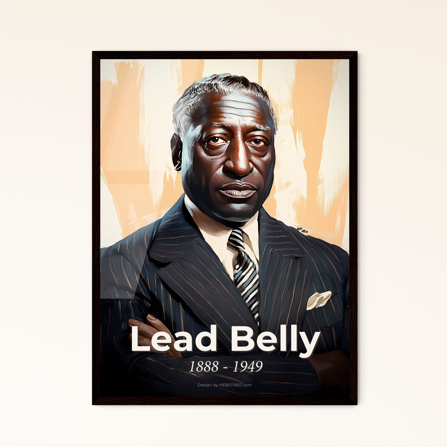 Portrait of Lead Belly, 1888 - 1949. Impressionistic painting of a man in a suit with his arms crossed.