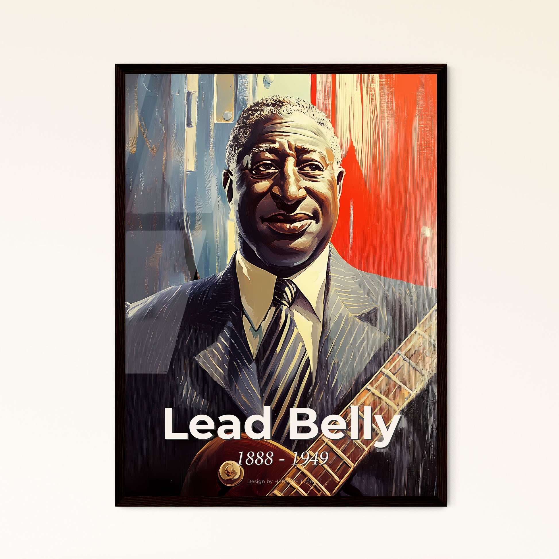 Portrait of Lead Belly, 1888 - 1949. Impressionistic painting of a man in a suit and tie holding a guitar.