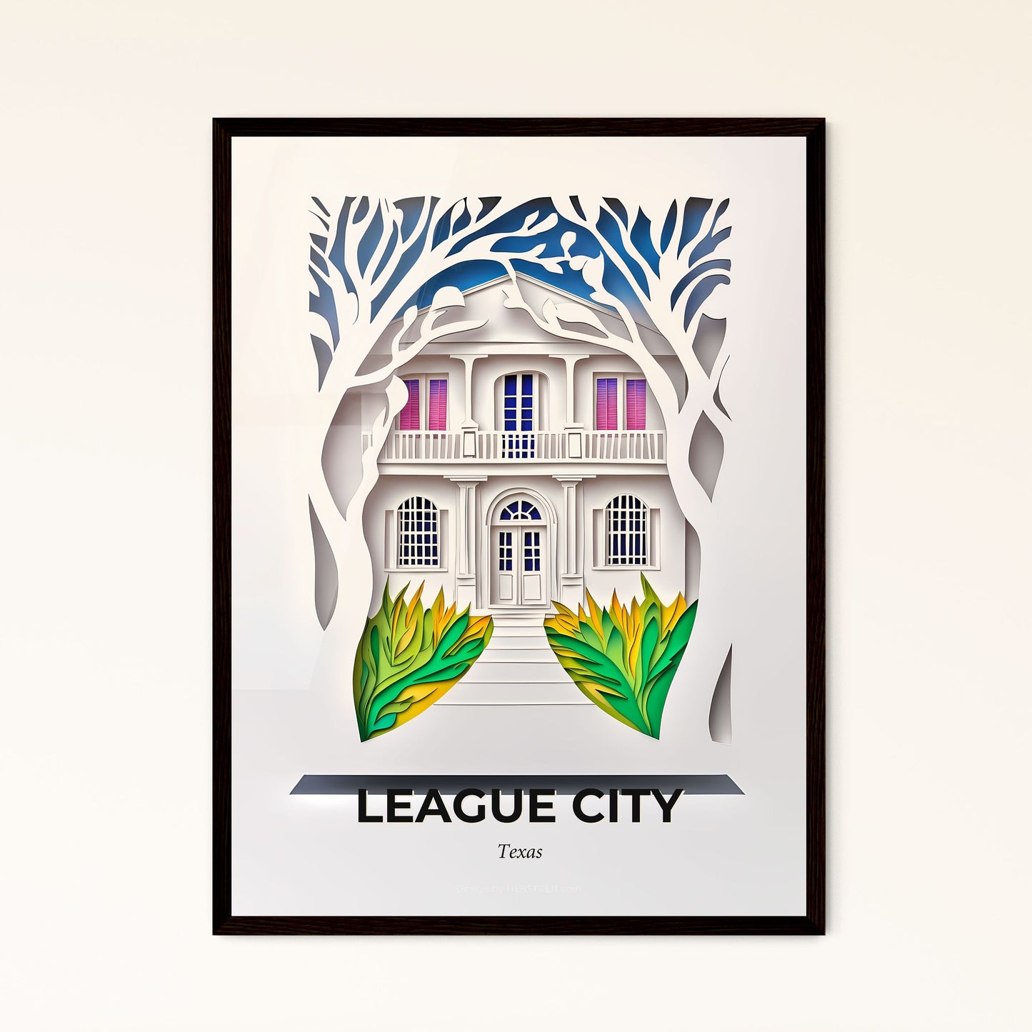 Vivid League City, Texas - a paper cut of a house with a tree and flowers