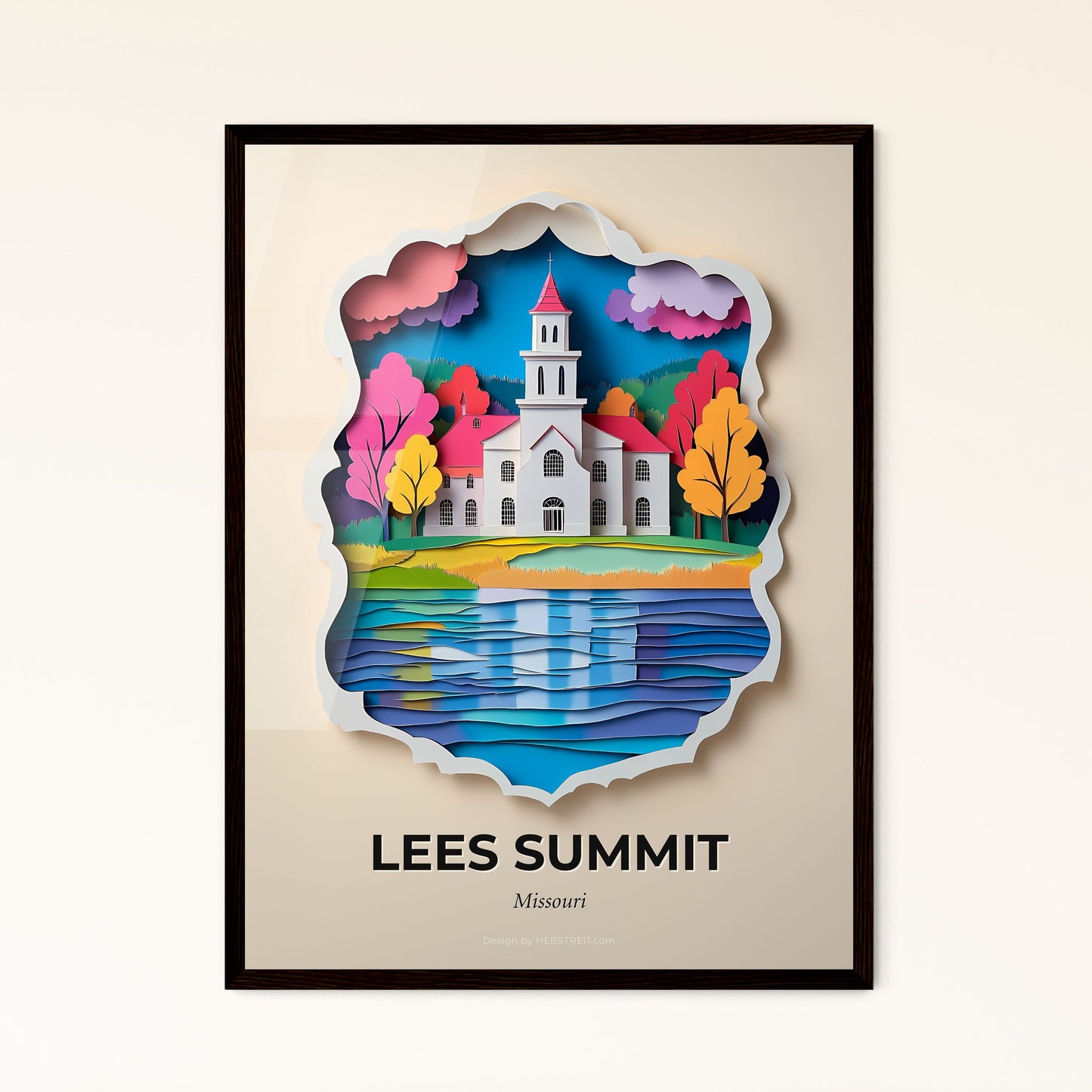 Vivid Lees Summit, Missouri - a paper cut of a church with a lake in front of it