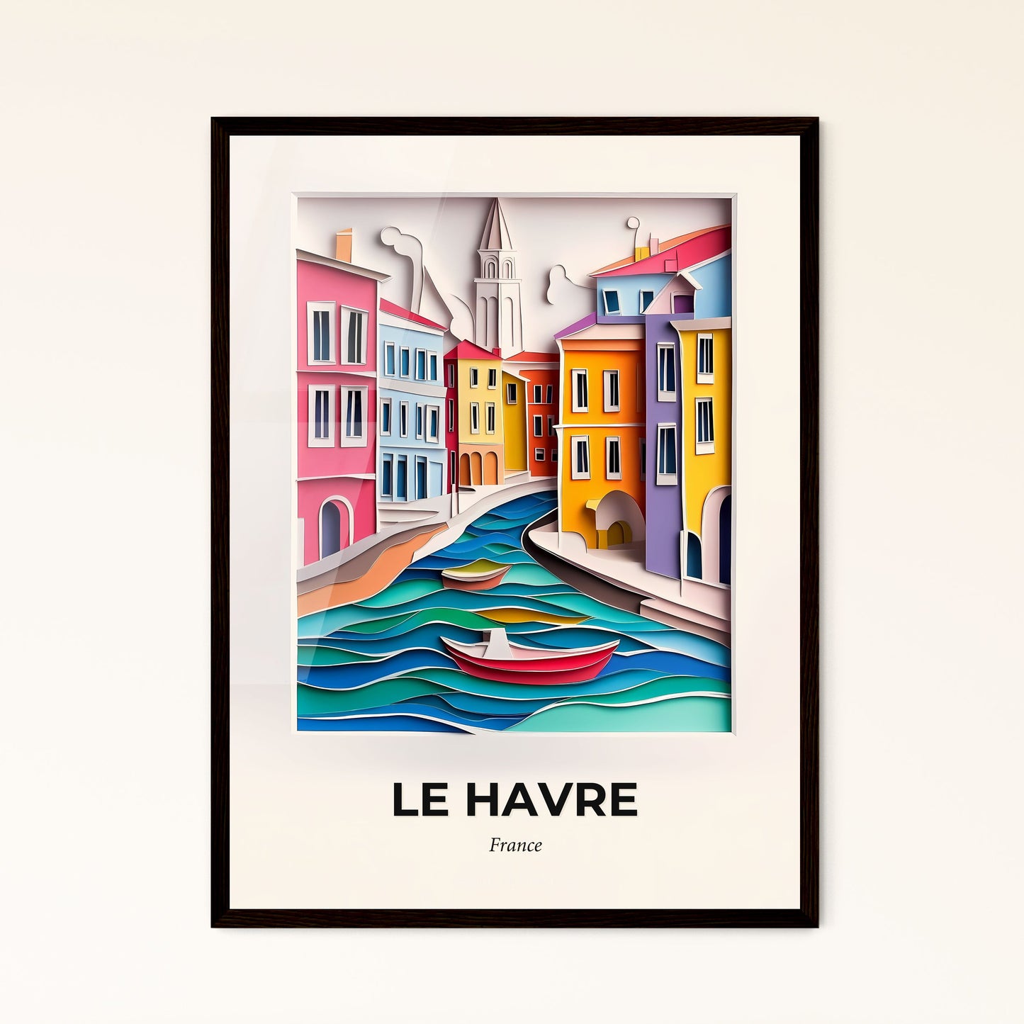 Vivid Le Havre, France - a boat in a river with buildings