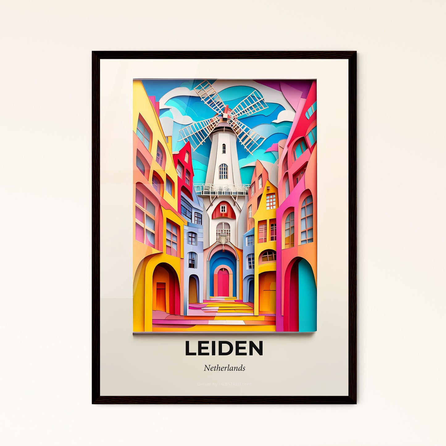 Vivid Leiden, Netherlands - a windmill is in the middle of a colorful city