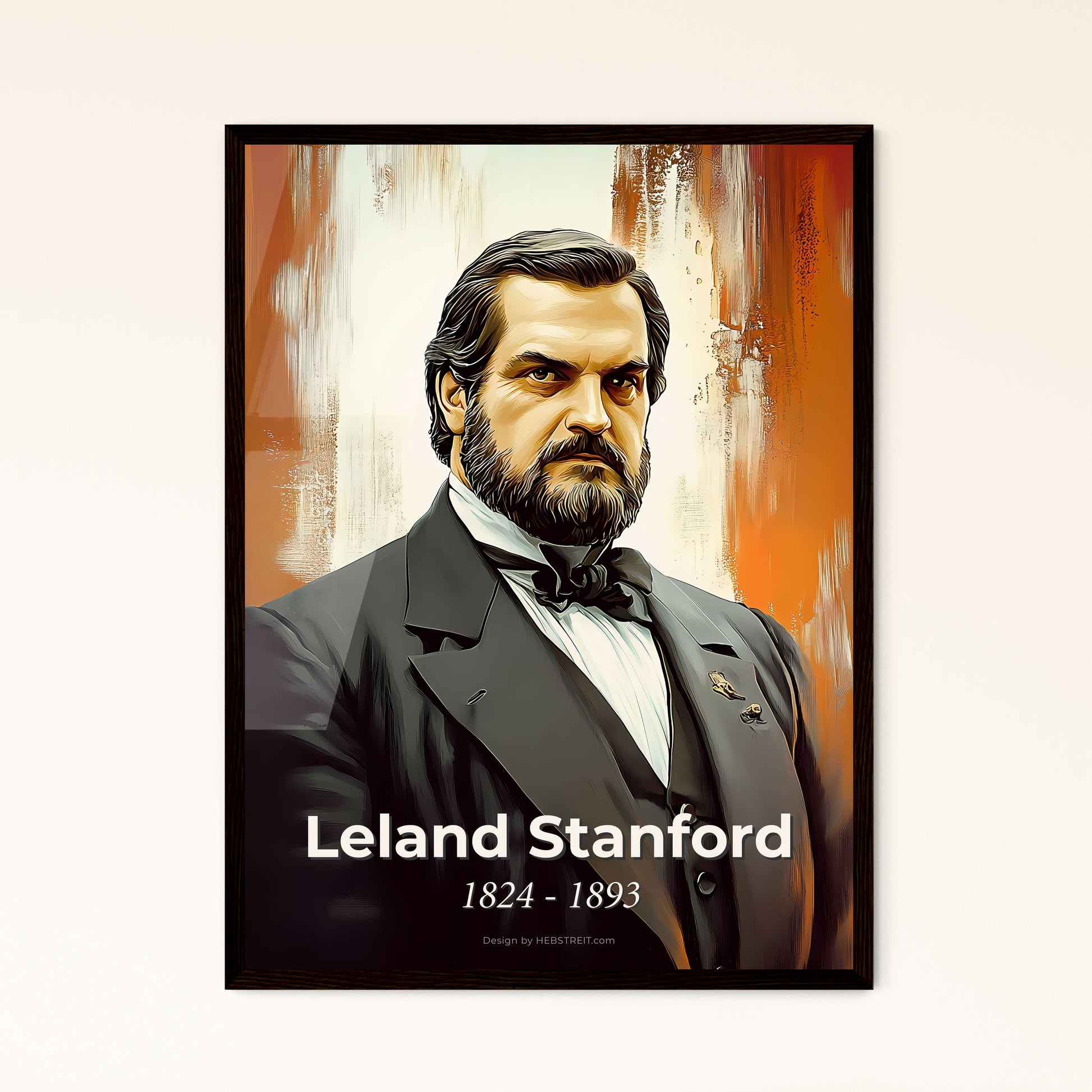 Portrait of Leland Stanford, 1824 - 1893. Impressionistic painting of a man in a suit.