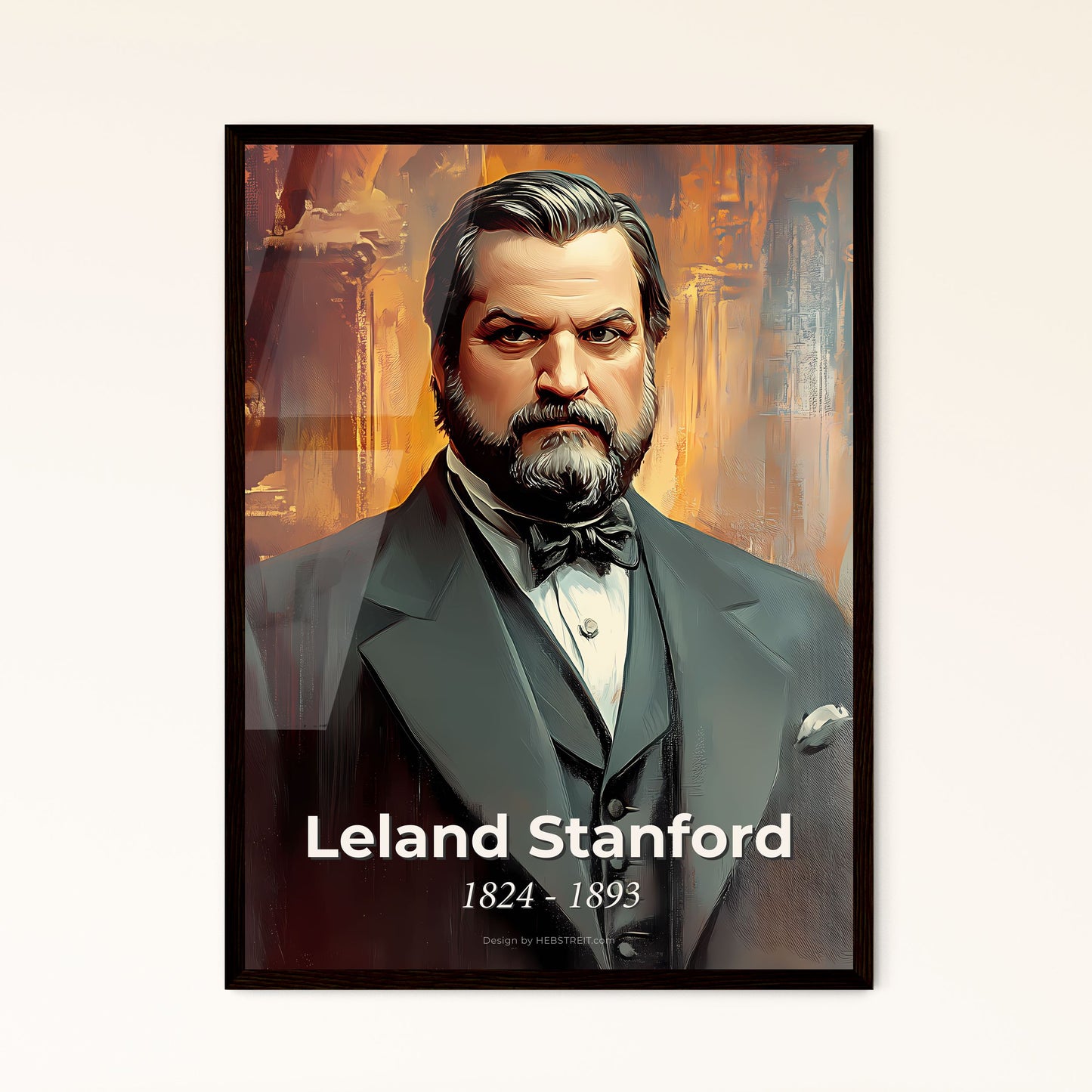 Portrait of Leland Stanford, 1824 - 1893. Impressionistic painting of a man in a suit.