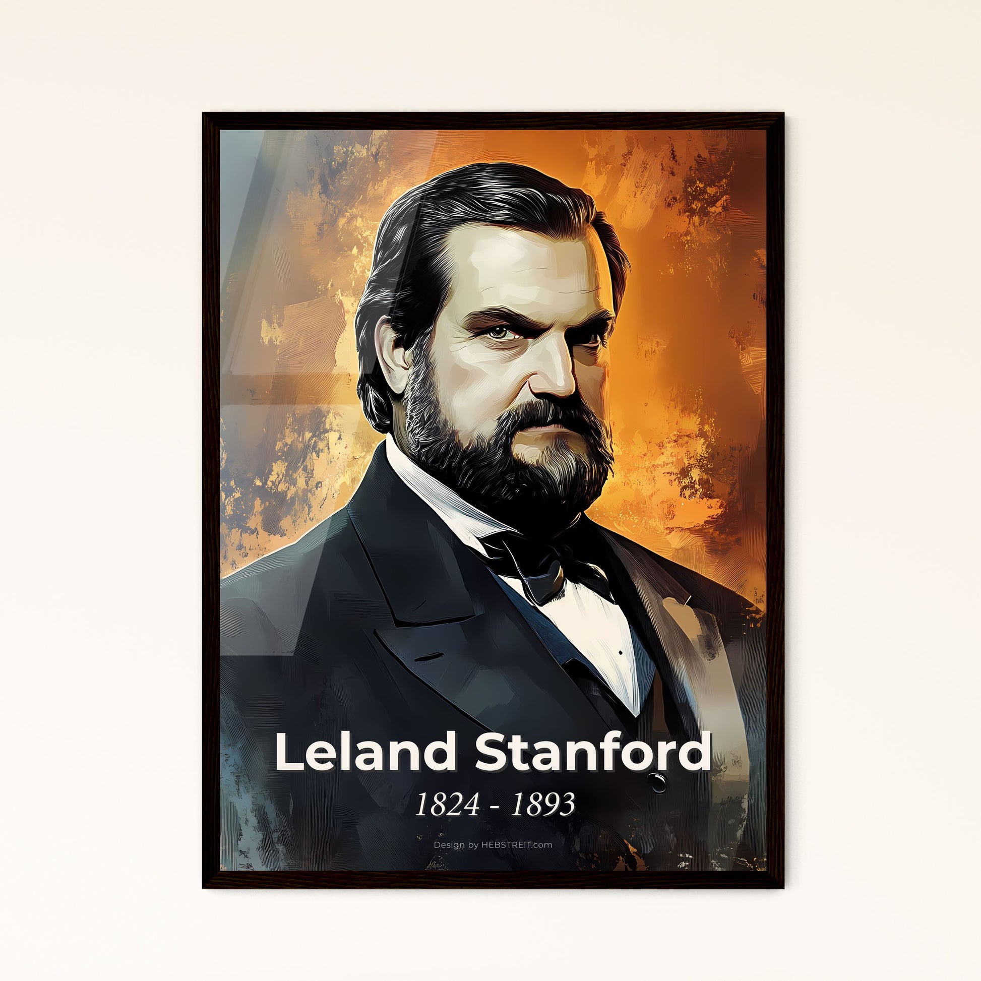 Portrait of Leland Stanford, 1824 - 1893. Impressionistic painting of a man in a suit.