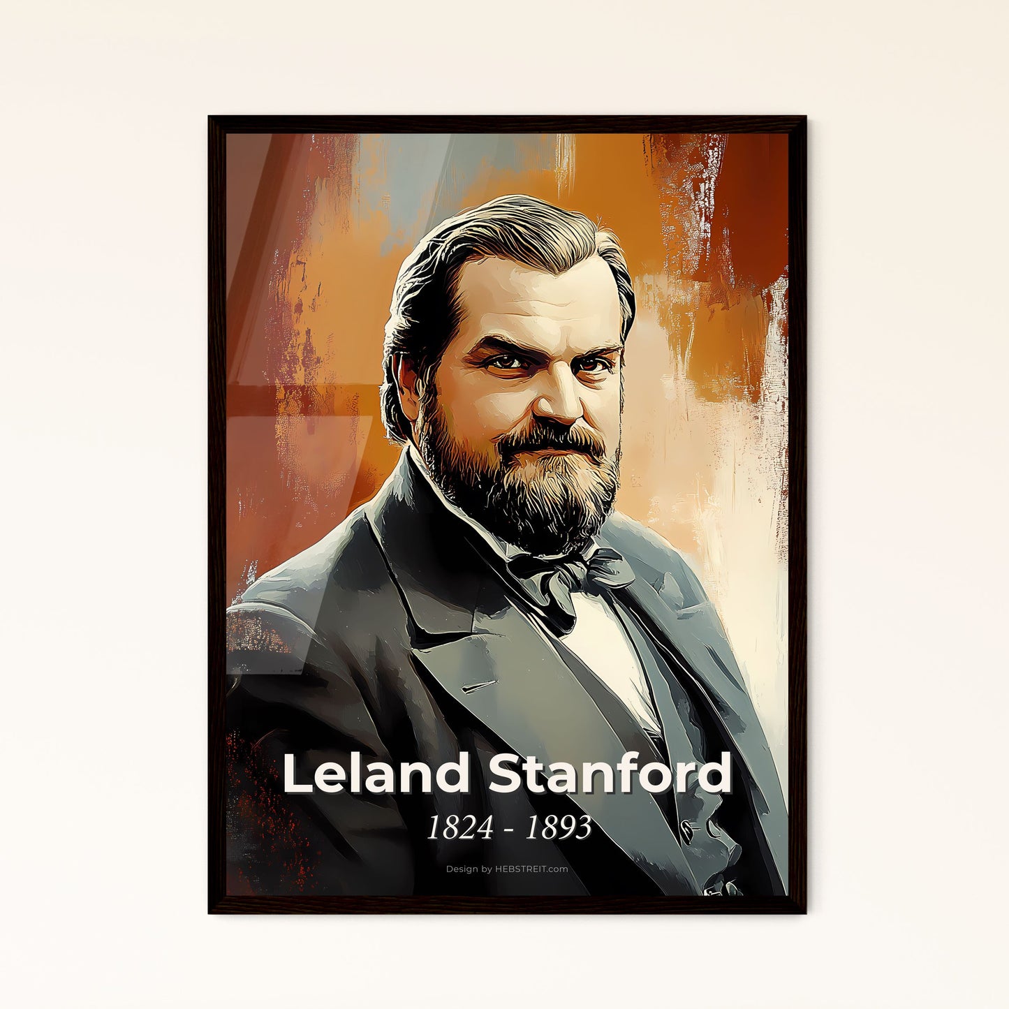 Portrait of Leland Stanford, 1824 - 1893. Impressionistic painting of a man in a suit.