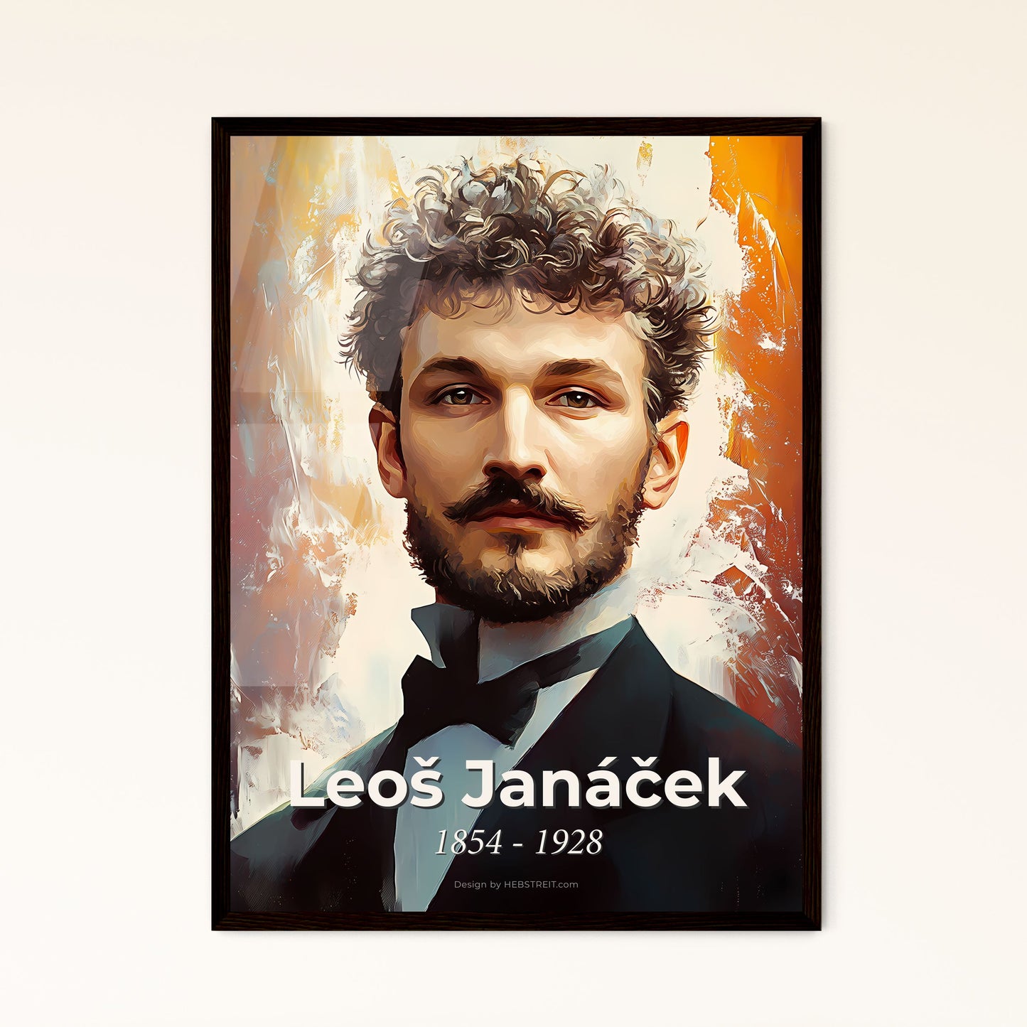 Portrait of Leoš Janáček, 1854 - 1928. Impressionistic painting of a man with curly hair and a bow tie.