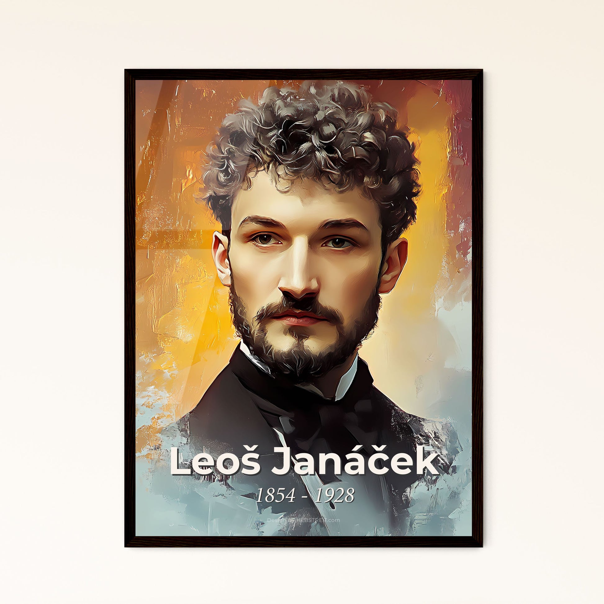 Portrait of Leoš Janáček, 1854 - 1928. Impressionistic painting of a man with curly hair and beard.