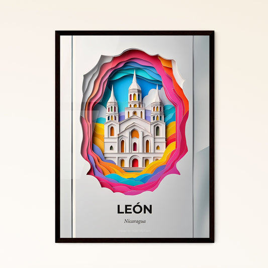 Vivid León, Nicaragua - a paper cut of a church with a rainbow colored background