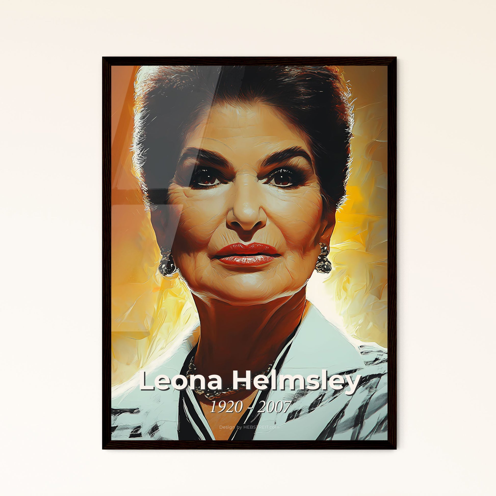 Portrait of Leona Helmsley, 1920 - 2007. Impressionistic painting of a woman with short hair wearing a white jacket and black shirt.