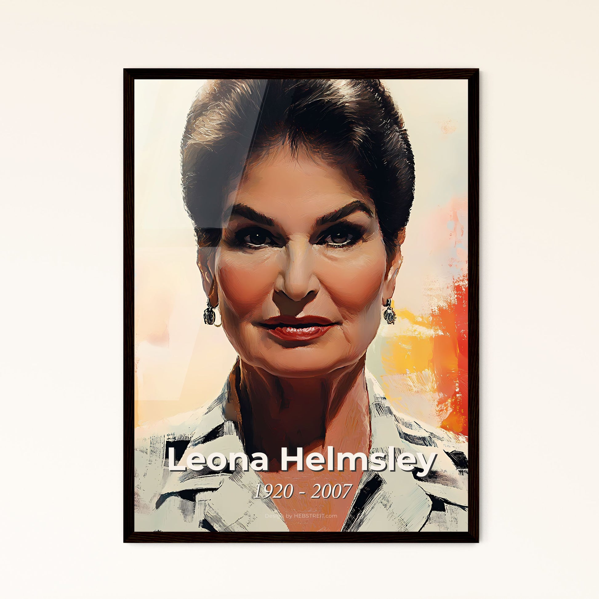 Portrait of Leona Helmsley, 1920 - 2007. Impressionistic painting of a woman with short hair wearing a striped shirt.