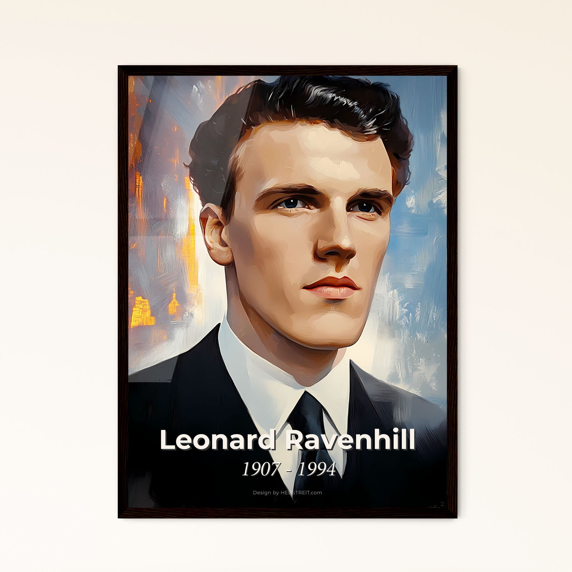 Portrait of Leonard Ravenhill, 1907 - 1994. Impressionistic painting of a man in a suit and tie.