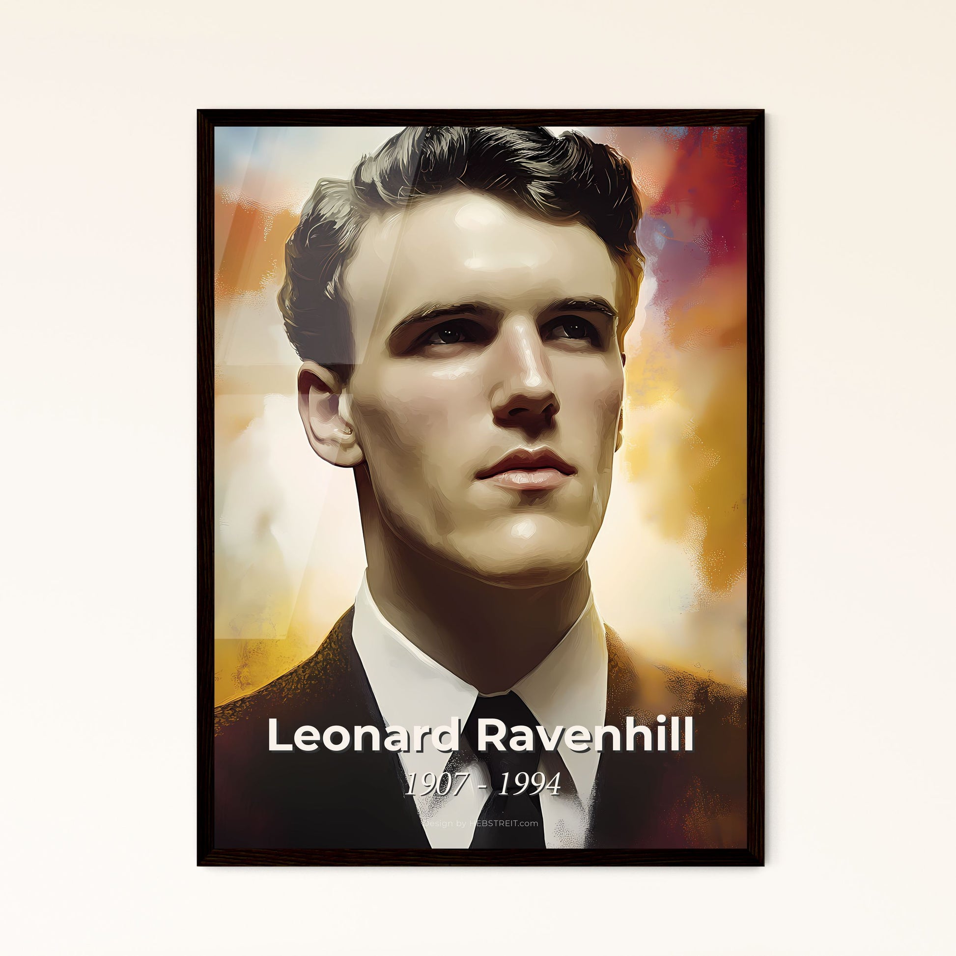 Portrait of Leonard Ravenhill, 1907 - 1994. Impressionistic painting of a man in a suit and tie.