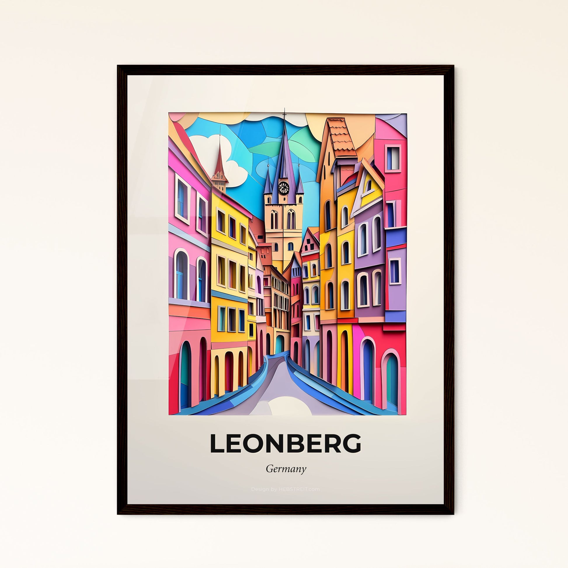 Vivid Leonberg, Germany - a painting of a city street with a clock tower