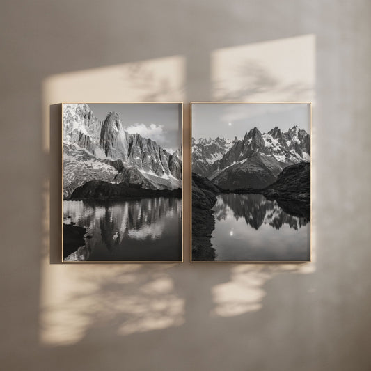 Les Drus & Lac de la Flégère Black and White Mountain Wall Art – Nature Photography Prints