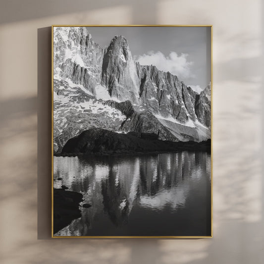 Les Drus Mountain Reflection | Black and White Chamonix Art Print